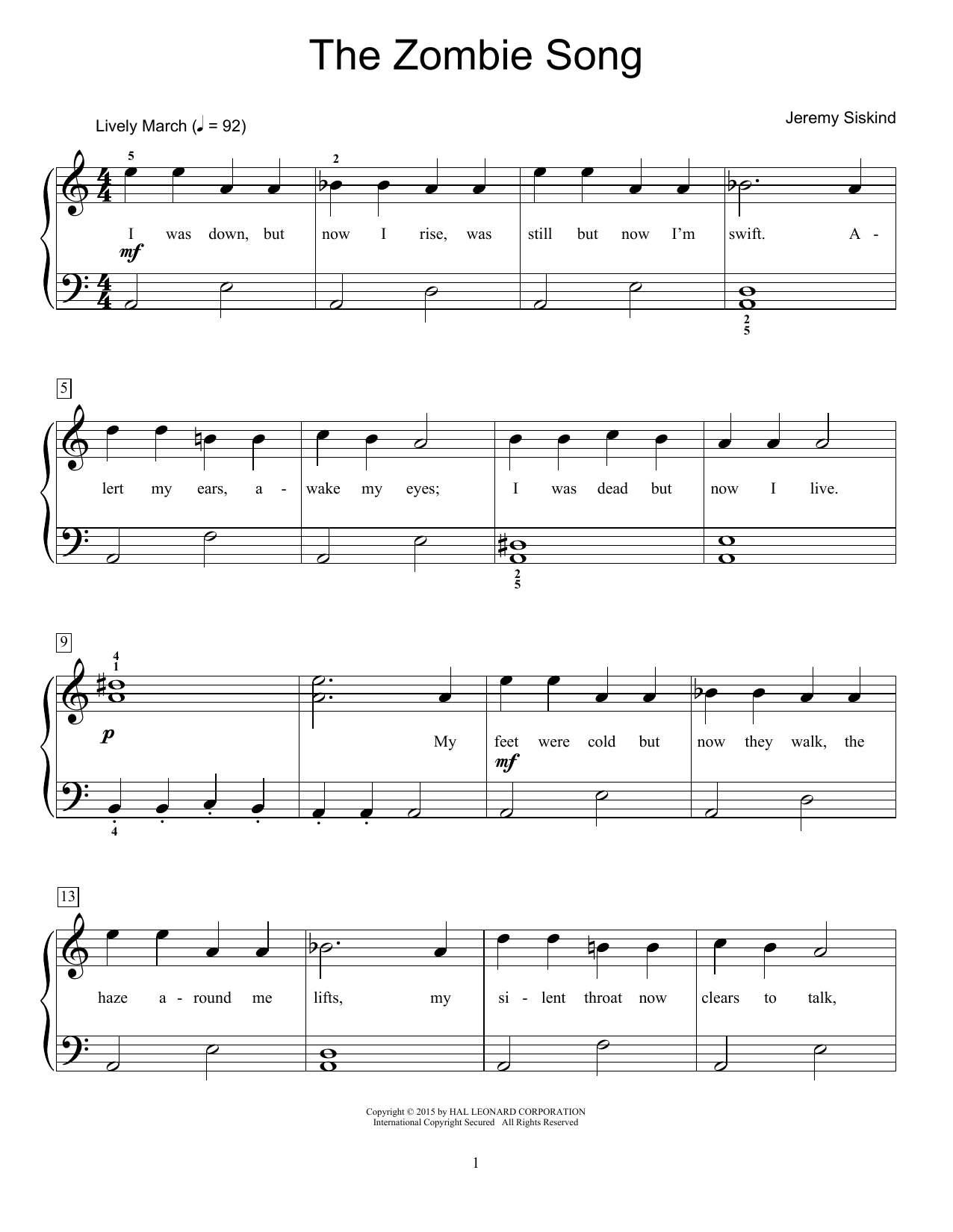 Jeremy Siskind The Zombie Song sheet music notes and chords arranged for Educational Piano