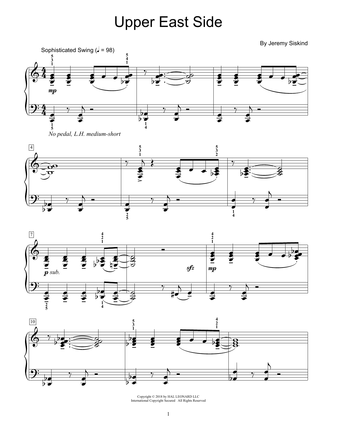 Jeremy Siskind Upper East Side sheet music notes and chords arranged for Educational Piano