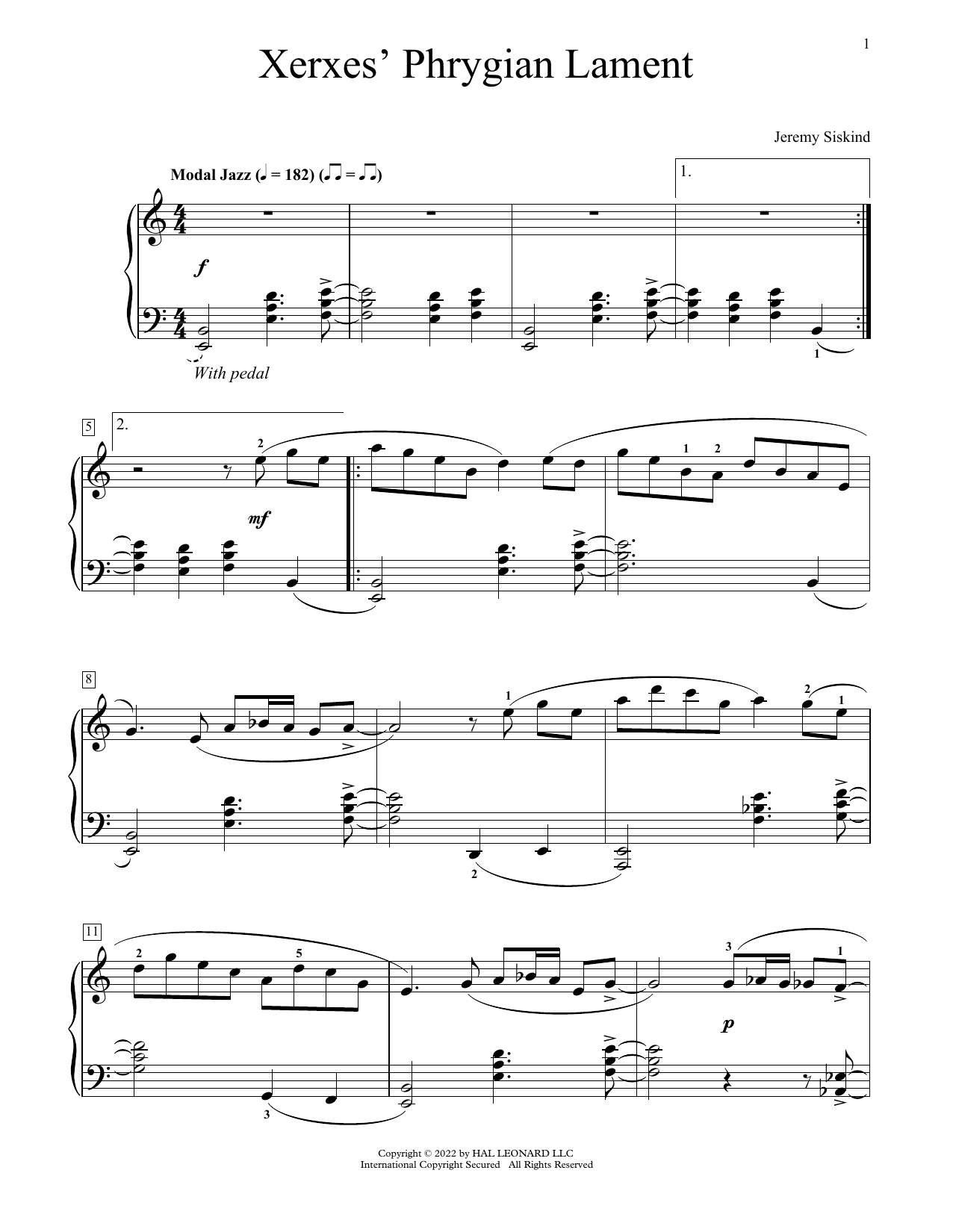 Jeremy Siskind Xerxes' Phrygian Lament sheet music notes and chords arranged for Educational Piano