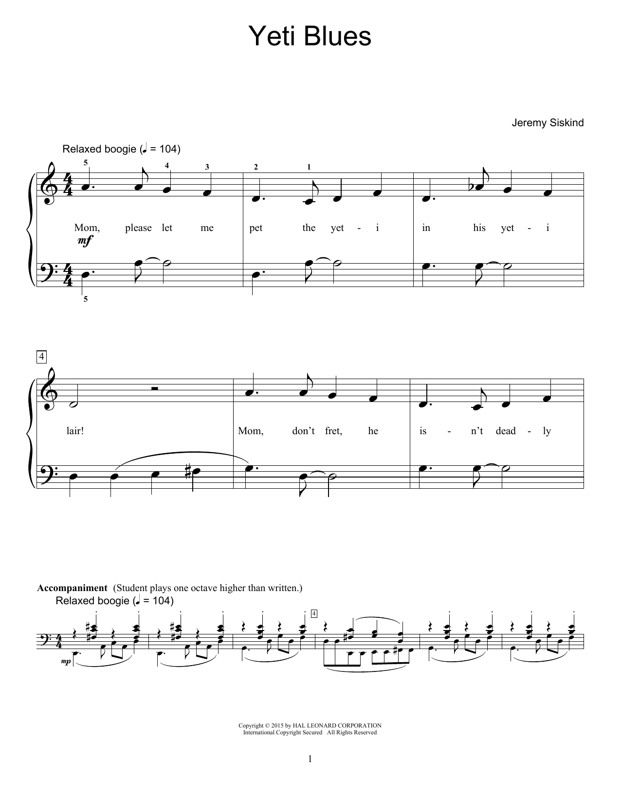 Jeremy Siskind Yeti Blues sheet music notes and chords arranged for Educational Piano