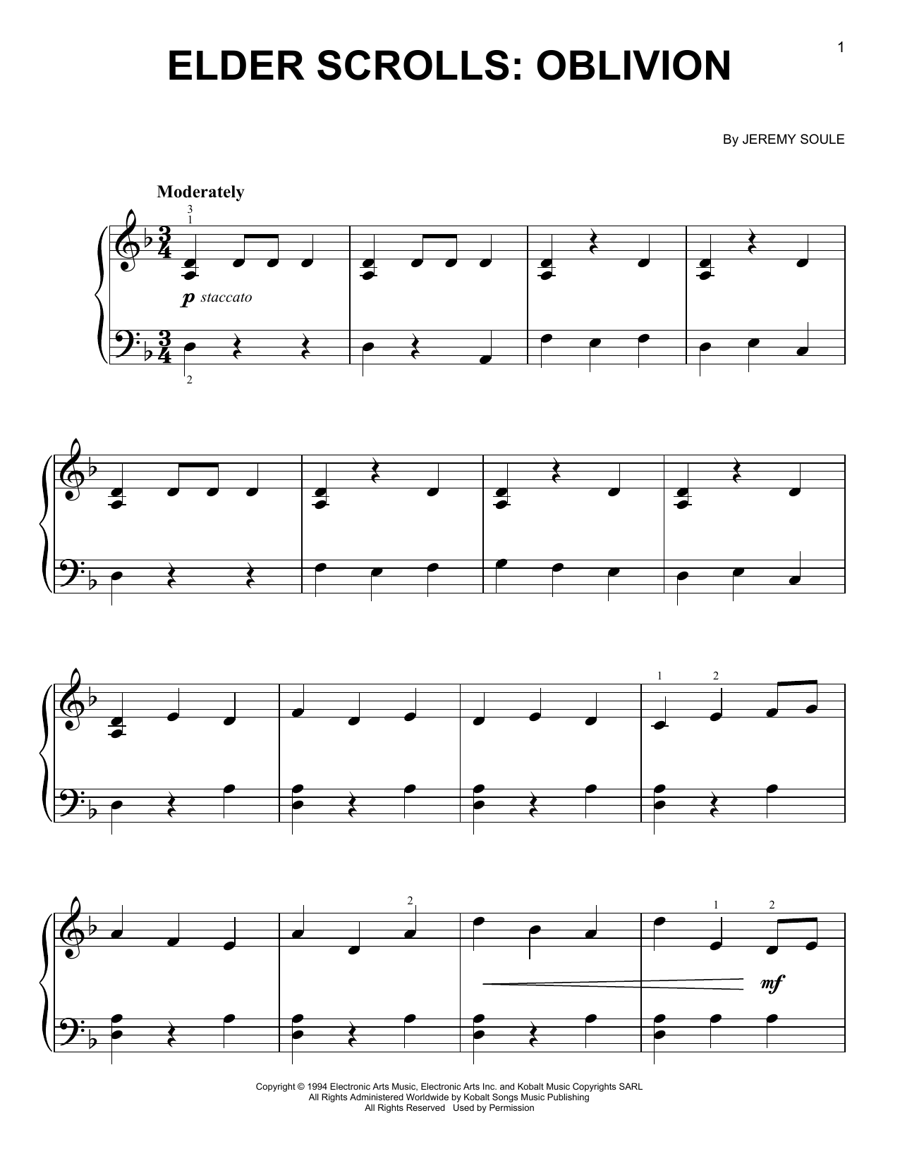 Jeremy Soule Elder Scrolls: Oblivion sheet music notes and chords arranged for Easy Piano