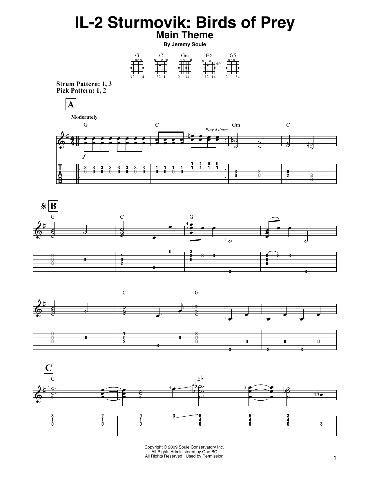 Jeremy Soule IL-2 Sturmovik: Birds of Prey - Main Theme sheet music notes and chords arranged for Easy Guitar Tab
