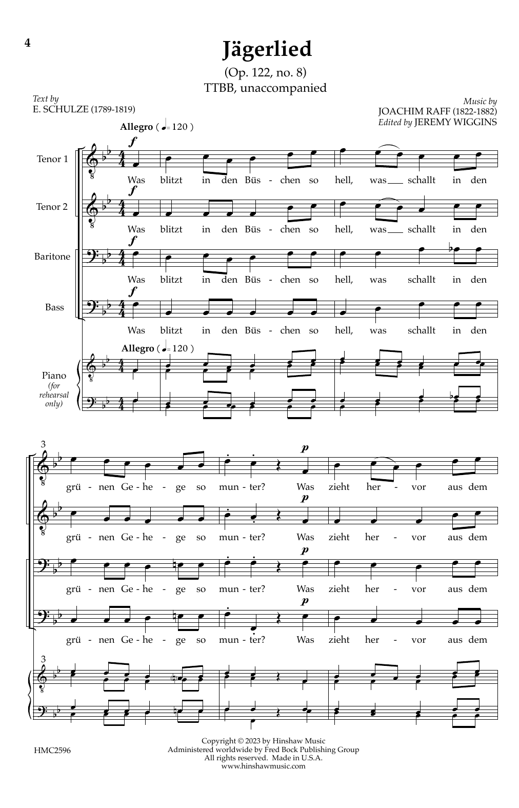 Jeremy Wiggins Jägerlied sheet music notes and chords arranged for TTBB Choir