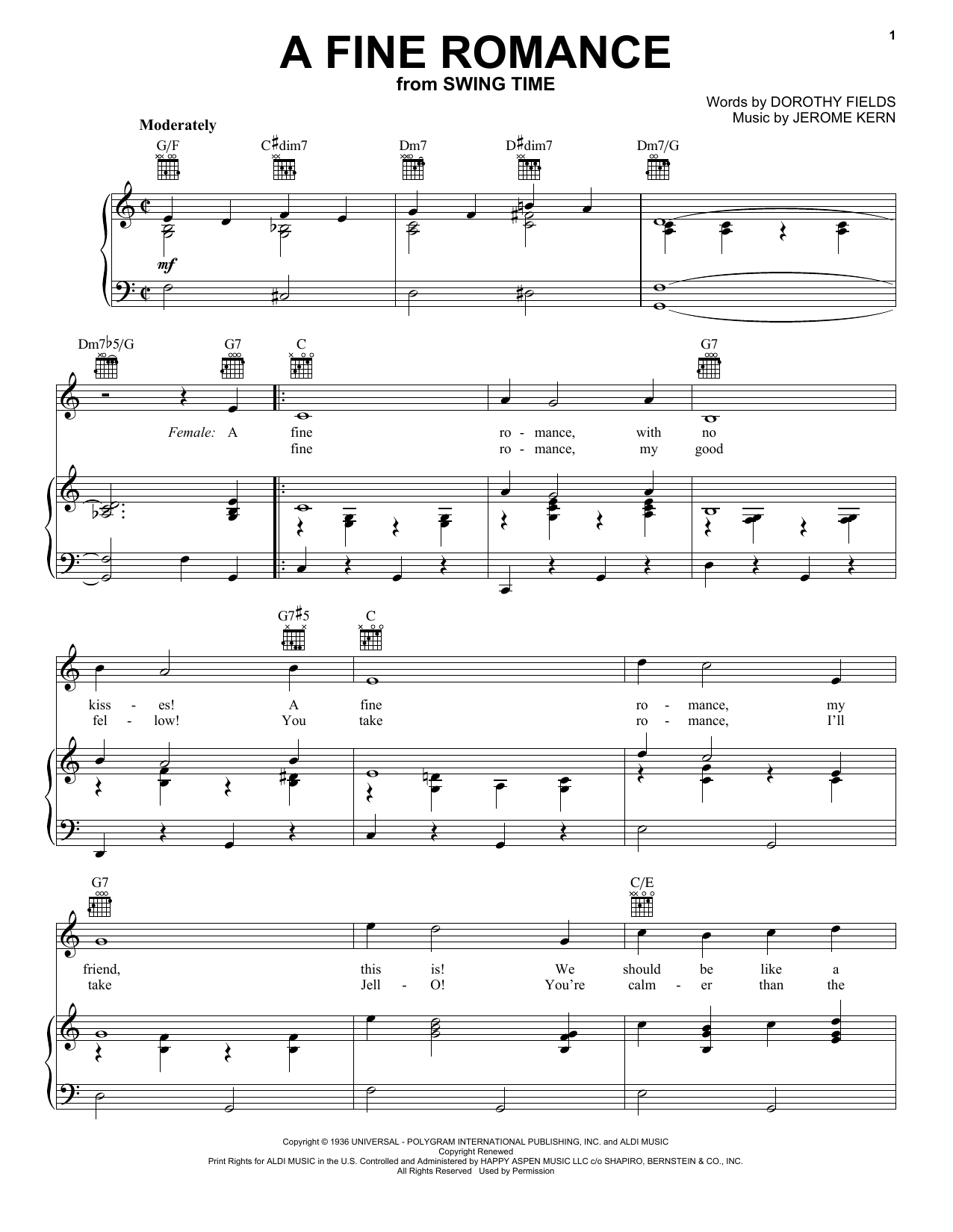 Jerome Kern A Fine Romance sheet music notes and chords arranged for Piano, Vocal & Guitar Chords (Right-Hand Melody)