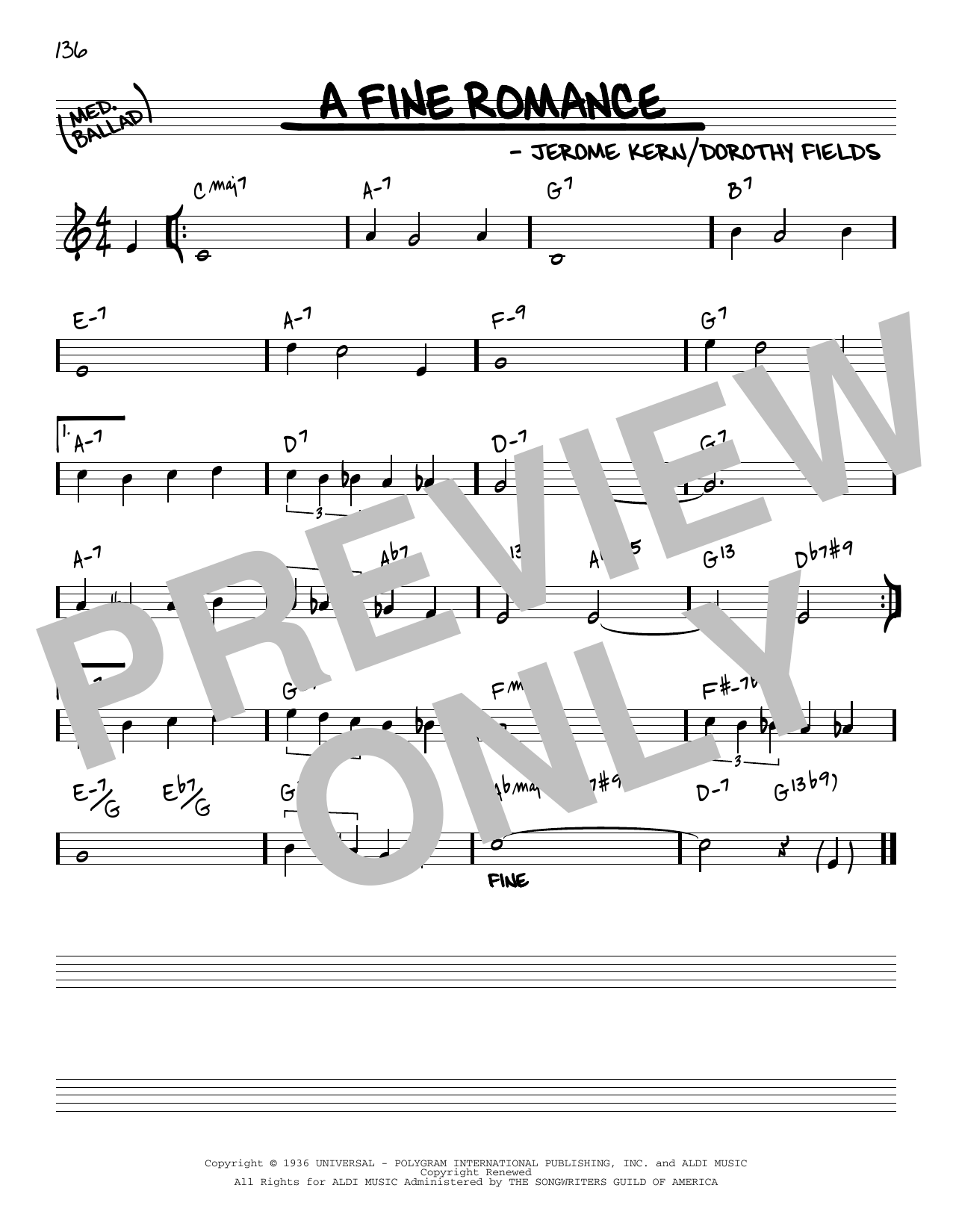 Jerome Kern A Fine Romance [Reharmonized version] (arr. Jack Grassel) sheet music notes and chords arranged for Real Book – Melody & Chords