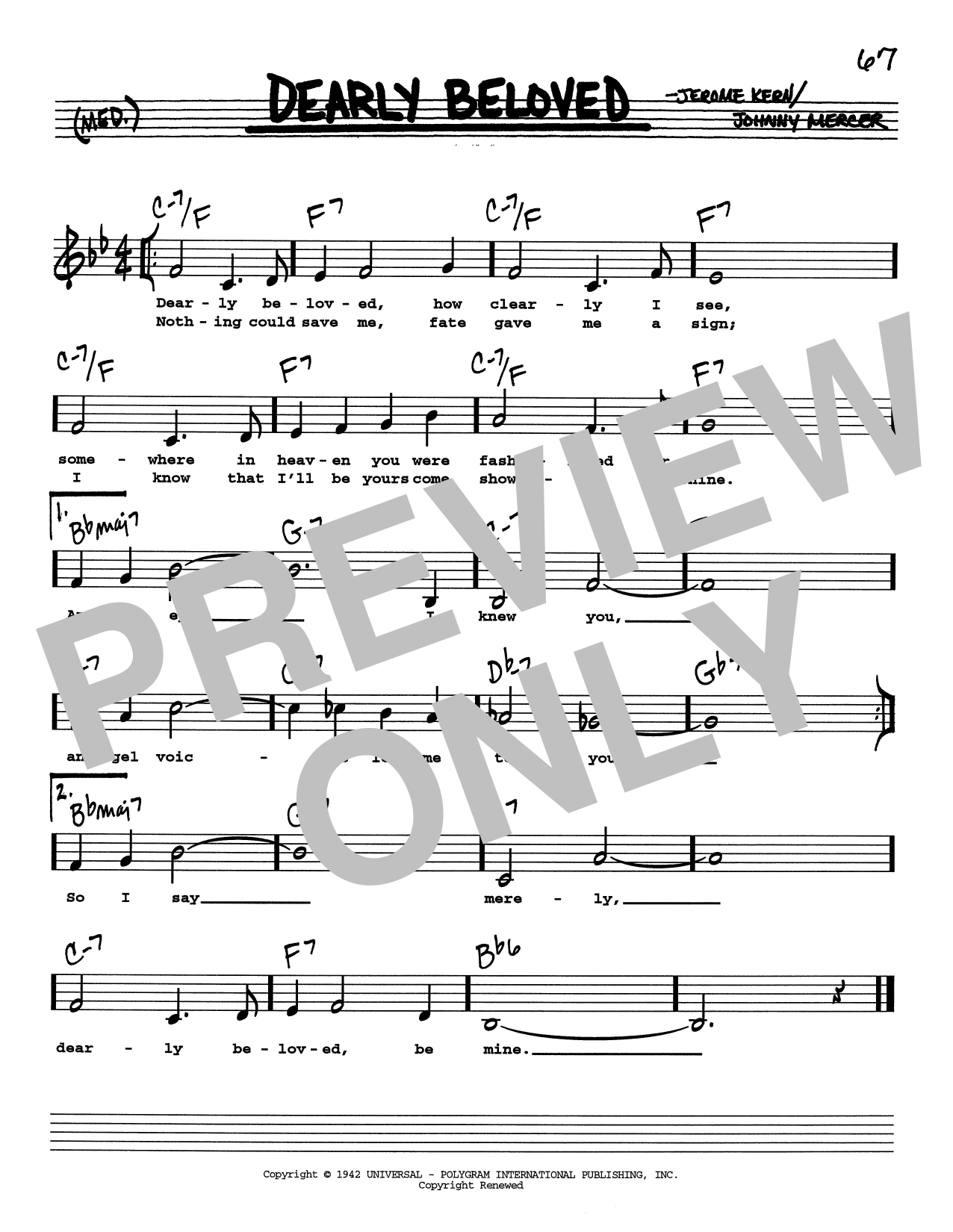 Jerome Kern Dearly Beloved (Low Voice) sheet music notes and chords arranged for Real Book – Melody, Lyrics & Chords