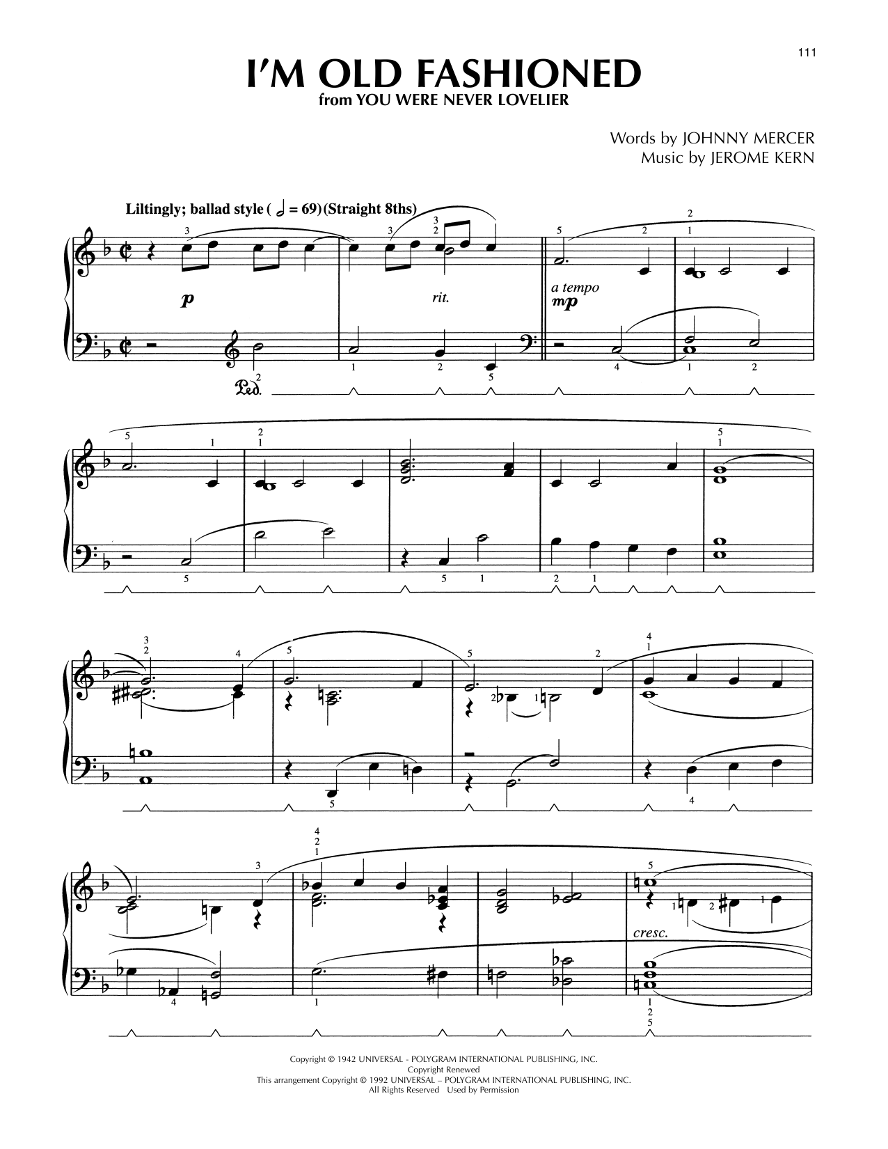 Jerome Kern I'm Old Fashioned (from You Were Never Lovelier) (arr. Lee Evans) sheet music notes and chords arranged for Piano Solo