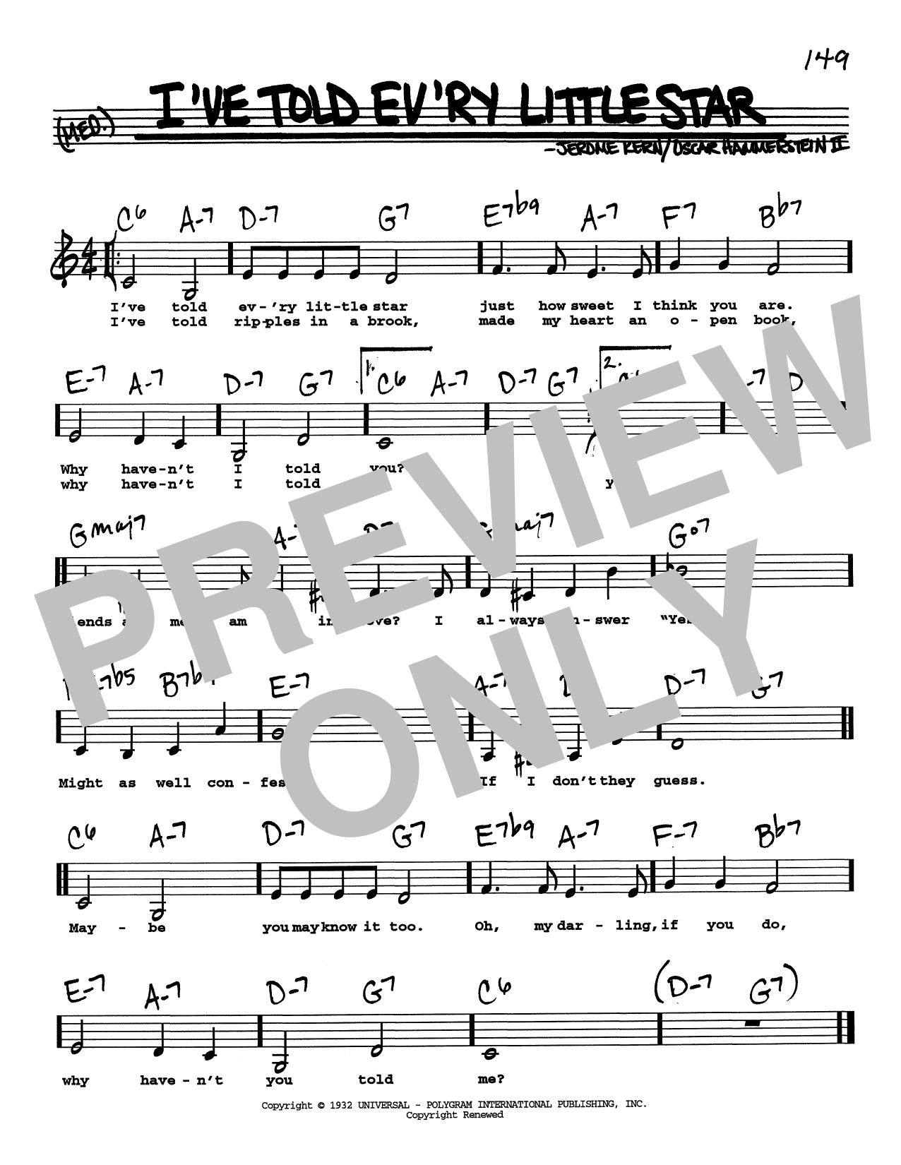 Jerome Kern I've Told Ev'ry Little Star (Low Voice) sheet music notes and chords arranged for Real Book – Melody, Lyrics & Chords