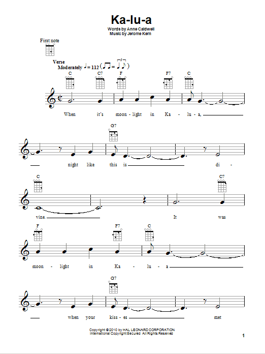 Jerome Kern Ka-lu-a sheet music notes and chords arranged for Ukulele