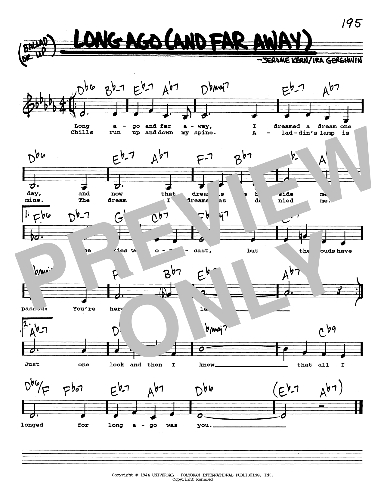 Jerome Kern Long Ago (And Far Away) (Low Voice) sheet music notes and chords arranged for Real Book – Melody, Lyrics & Chords