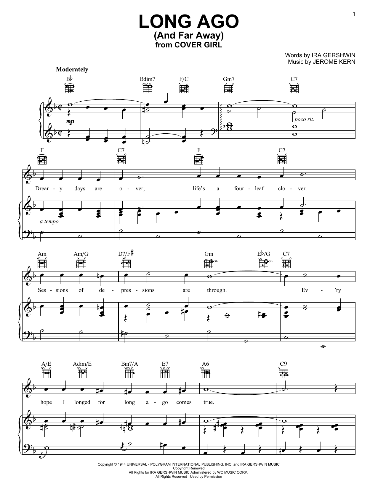 Jerome Kern Long Ago (And Far Away) sheet music notes and chords arranged for Flute Solo