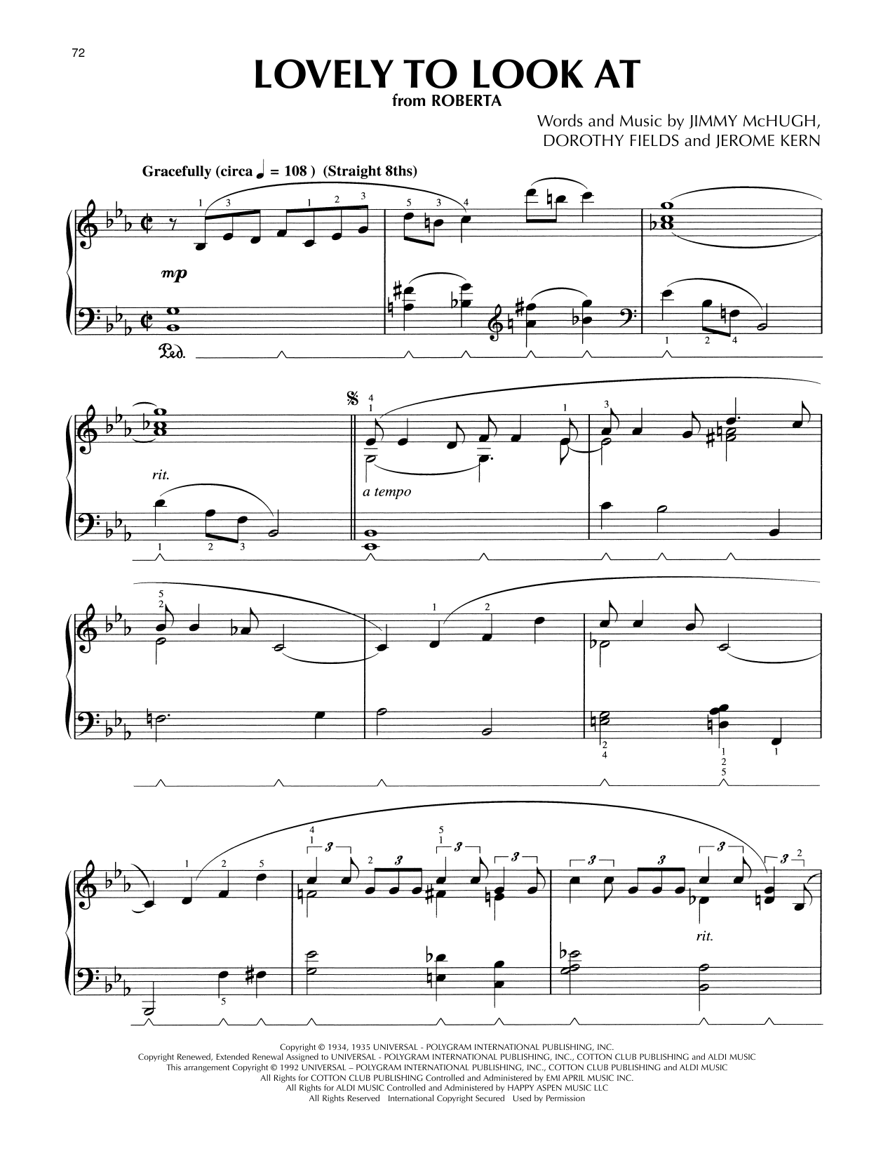 Jerome Kern Lovely To Look At (from Roberta) (arr. Lee Evans) sheet music notes and chords arranged for Piano Solo