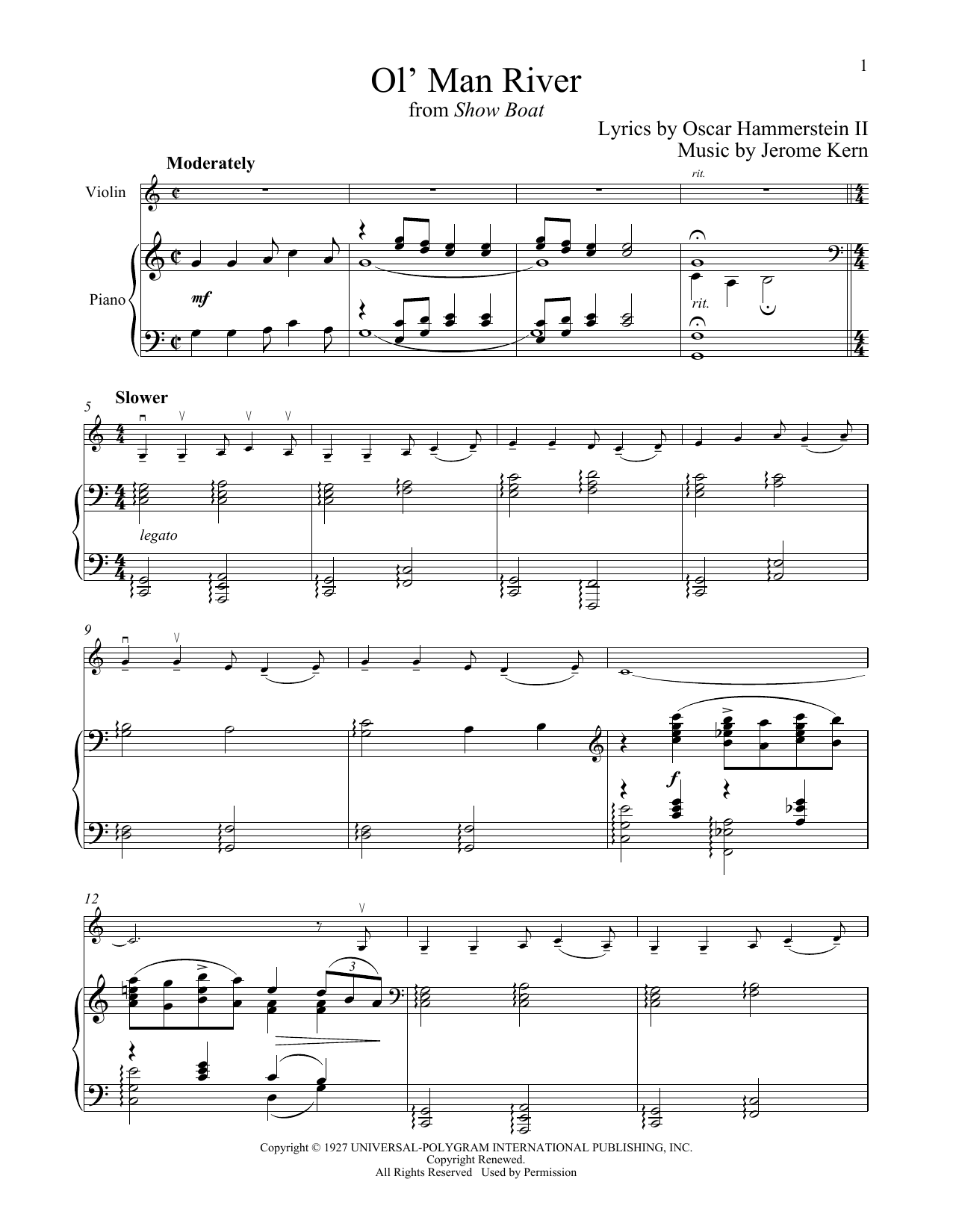Jerome Kern Ol' Man River (from Show Boat) sheet music notes and chords arranged for Violin and Piano