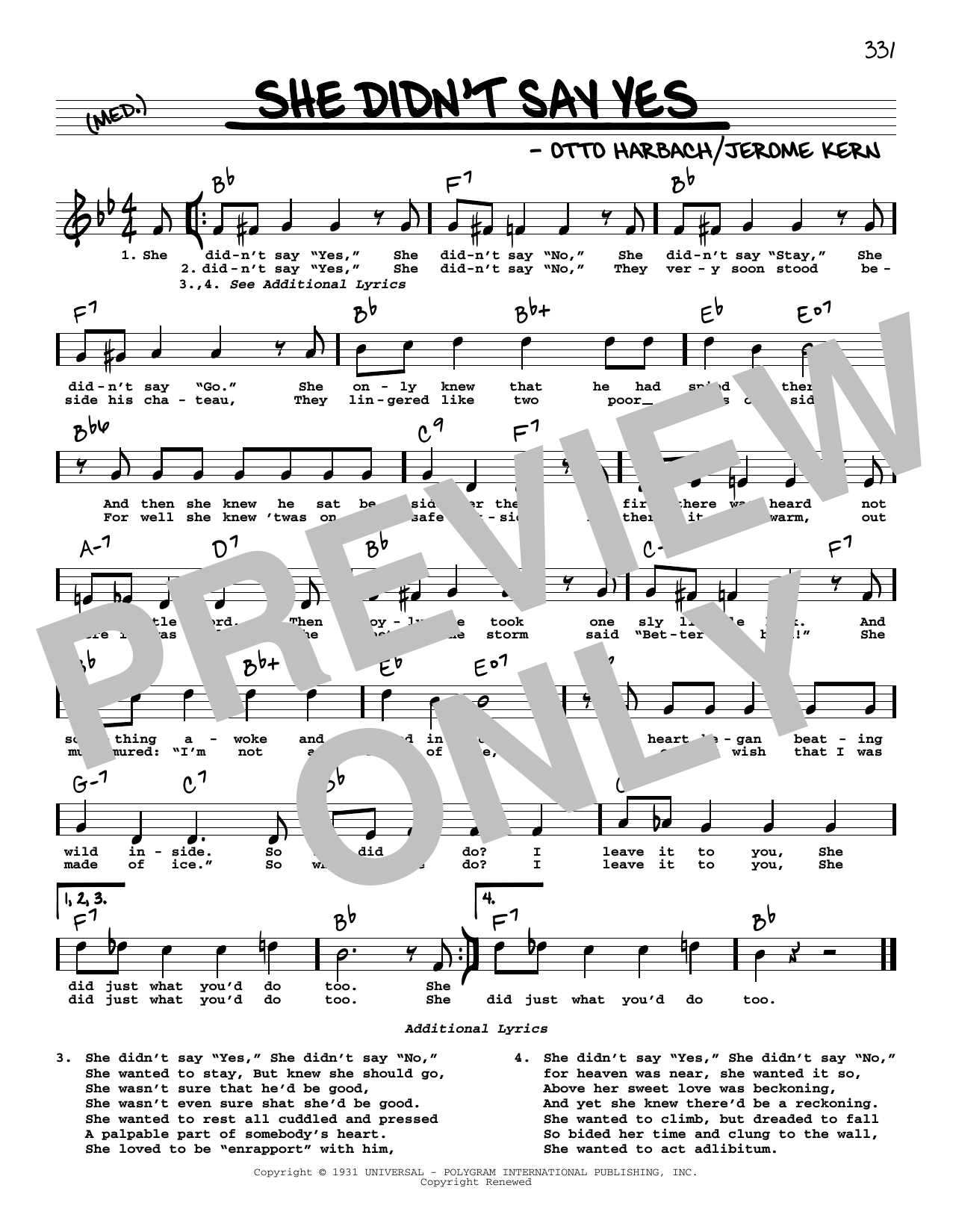 Jerome Kern She Didn't Say Yes (High Voice) sheet music notes and chords arranged for Real Book – Melody, Lyrics & Chords