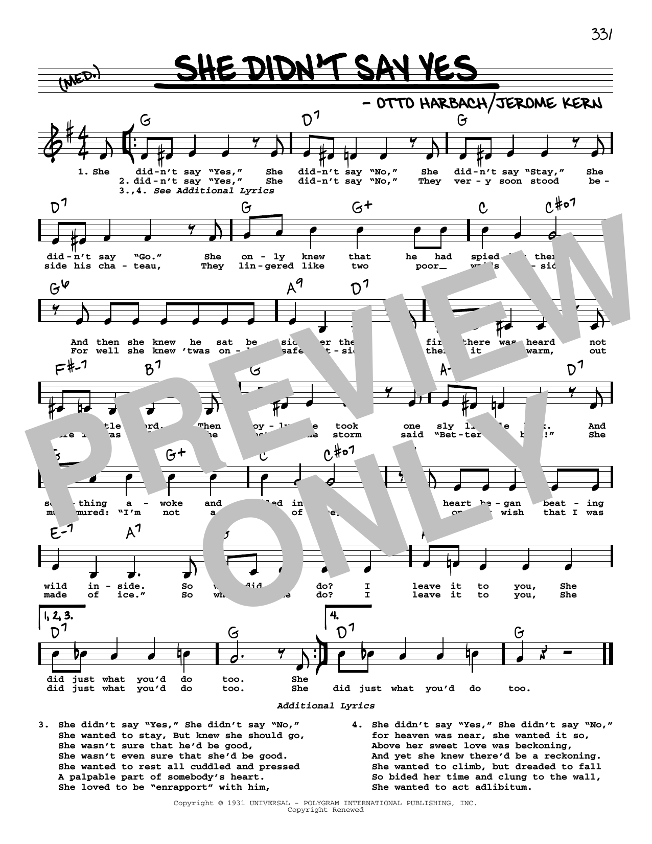 Jerome Kern She Didn't Say Yes (Low Voice) sheet music notes and chords arranged for Real Book – Melody, Lyrics & Chords