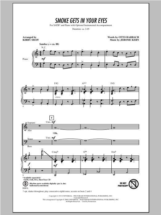 Jerome Kern Smoke Gets In Your Eyes (arr. Kirby Shaw) sheet music notes and chords arranged for SATB Choir