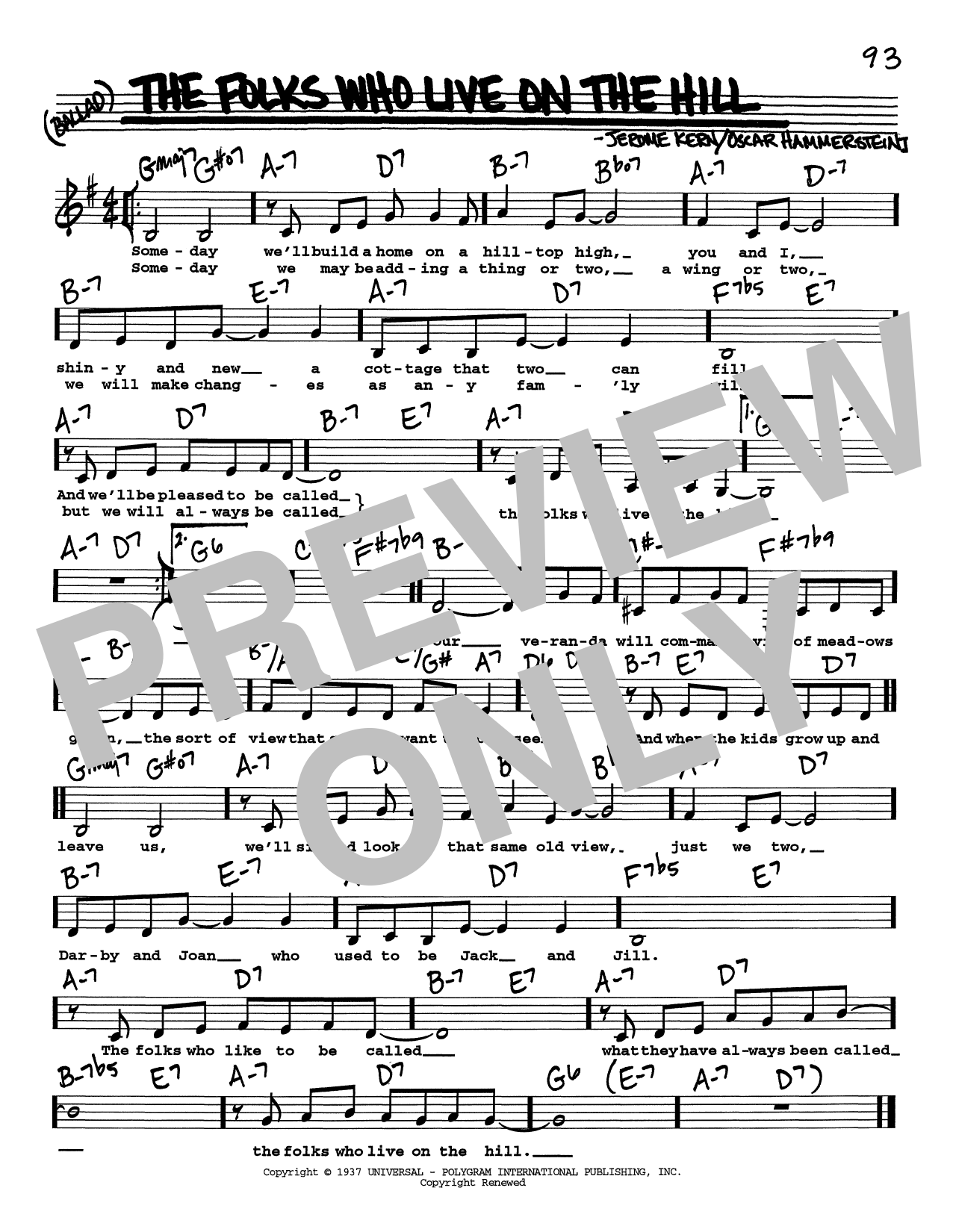 Jerome Kern The Folks Who Live On The Hill (Low Voice) sheet music notes and chords arranged for Real Book – Melody, Lyrics & Chords