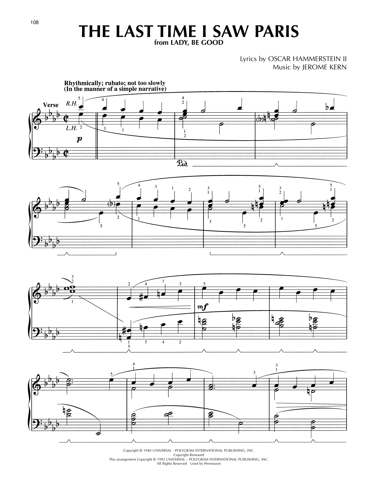 Jerome Kern The Last Time I Saw Paris (arr. Lee Evans) sheet music notes and chords arranged for Piano Solo