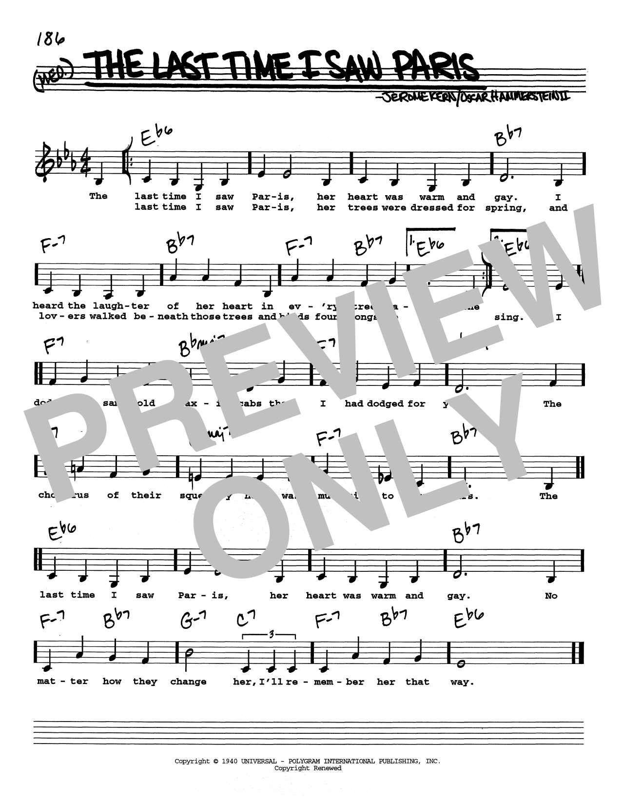 Jerome Kern The Last Time I Saw Paris (Low Voice) sheet music notes and chords arranged for Real Book – Melody, Lyrics & Chords