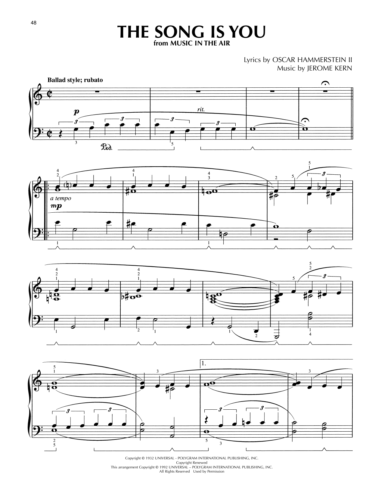Jerome Kern The Song Is You (arr. Lee Evans) sheet music notes and chords arranged for Piano Solo