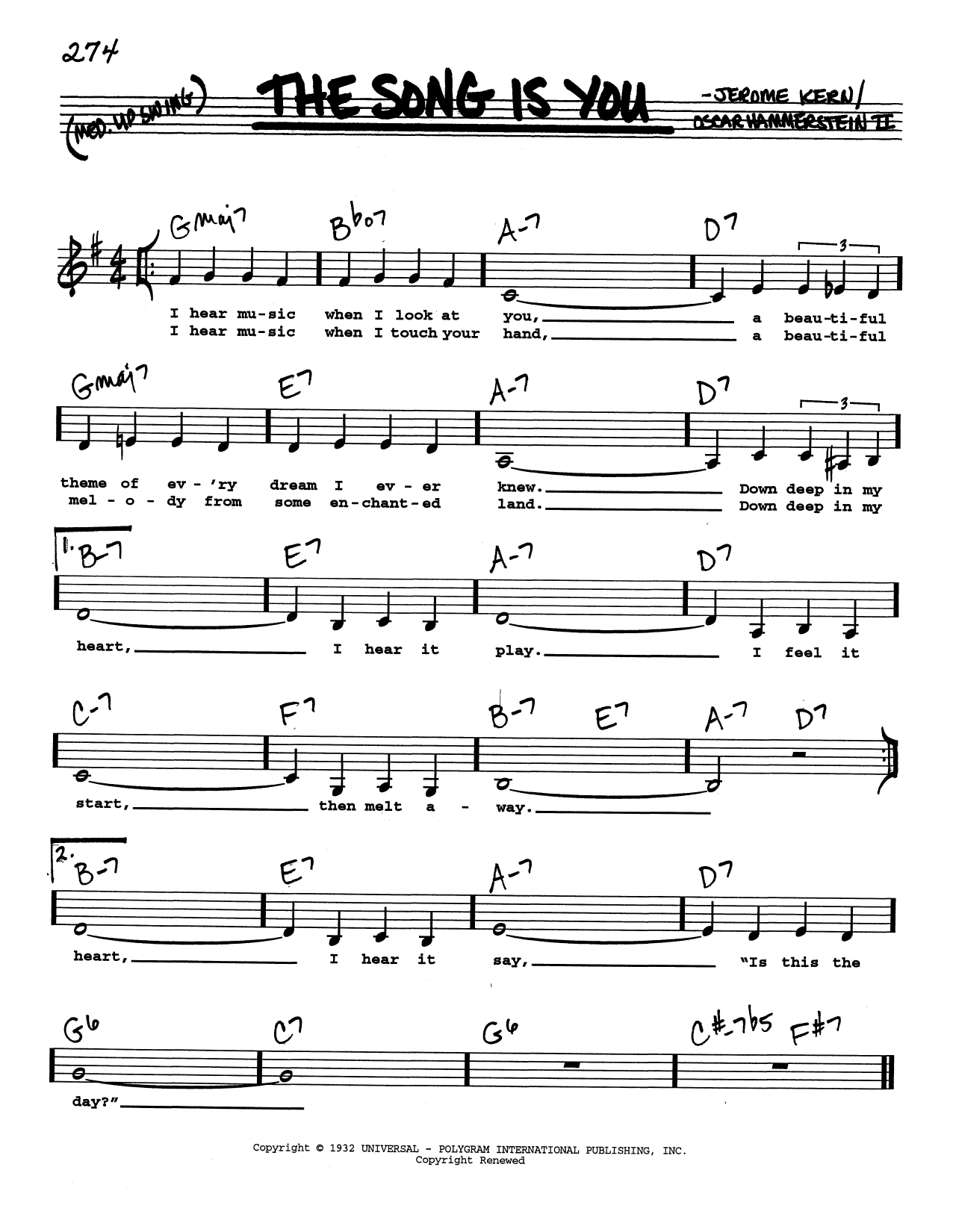 Jerome Kern The Song Is You (Low Voice) sheet music notes and chords arranged for Real Book – Melody, Lyrics & Chords