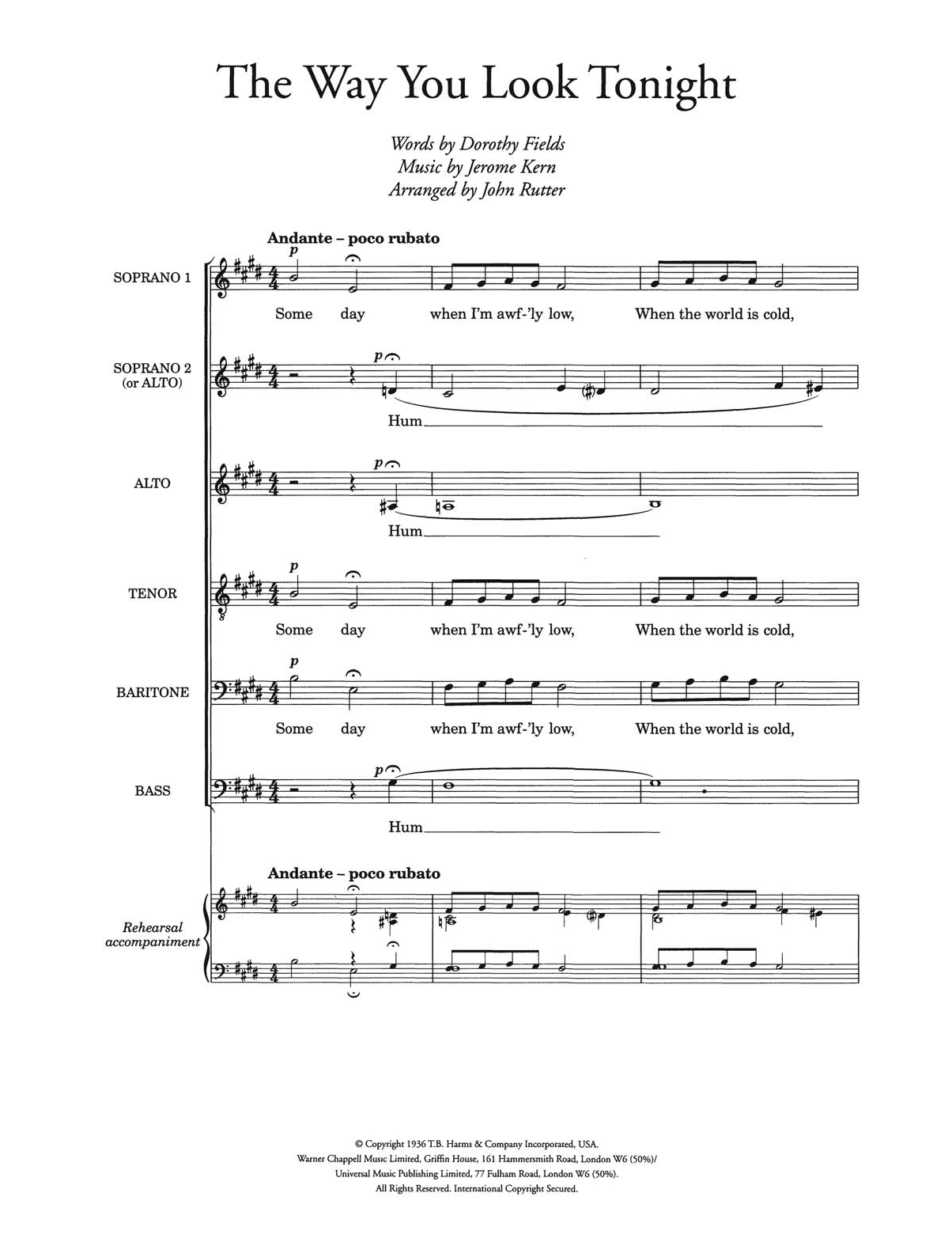 Jerome Kern The Way You Look Tonight (arr. John Rutter) sheet music notes and chords arranged for Piano, Vocal & Guitar Chords