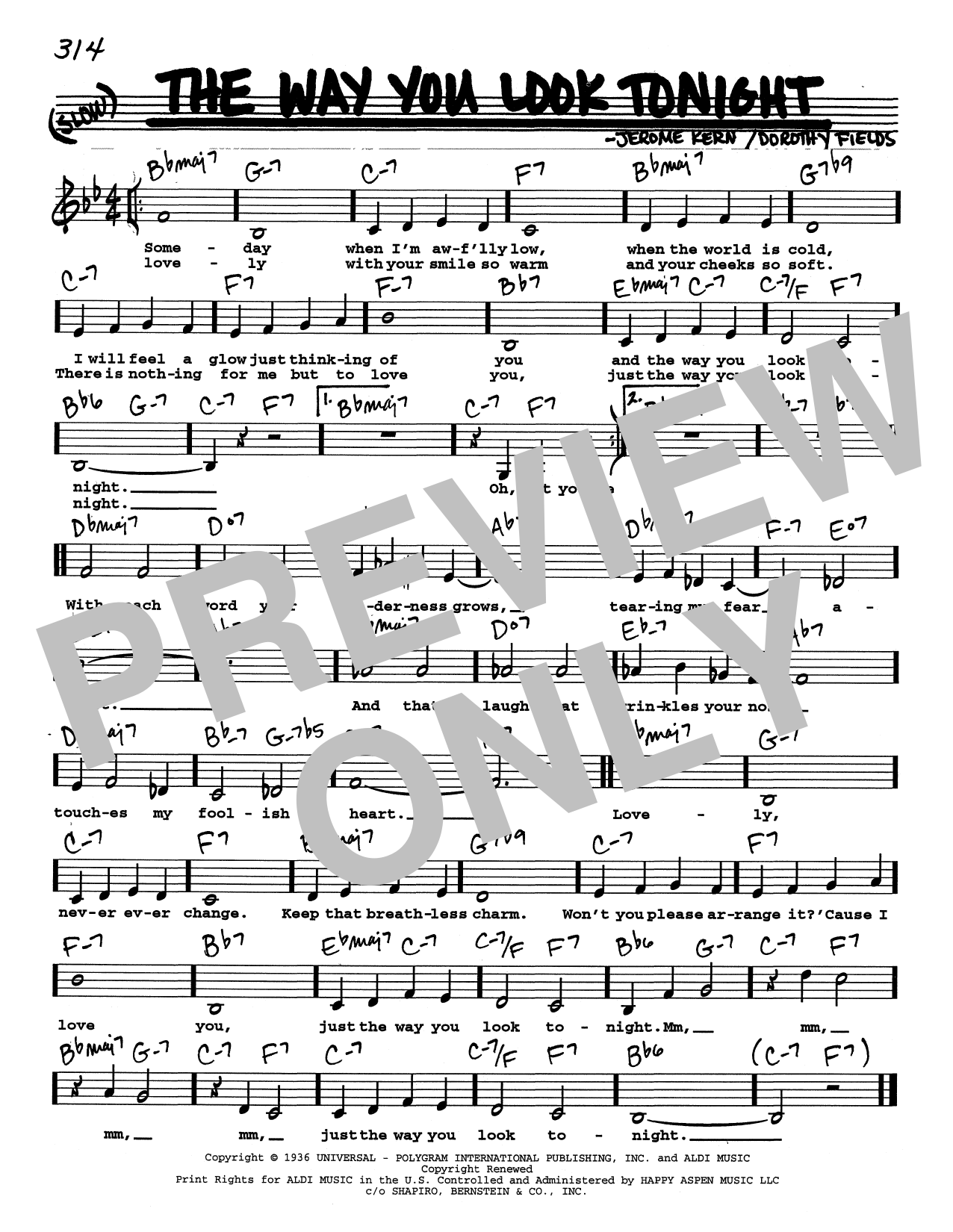 Jerome Kern The Way You Look Tonight (Low Voice) sheet music notes and chords arranged for Real Book – Melody, Lyrics & Chords