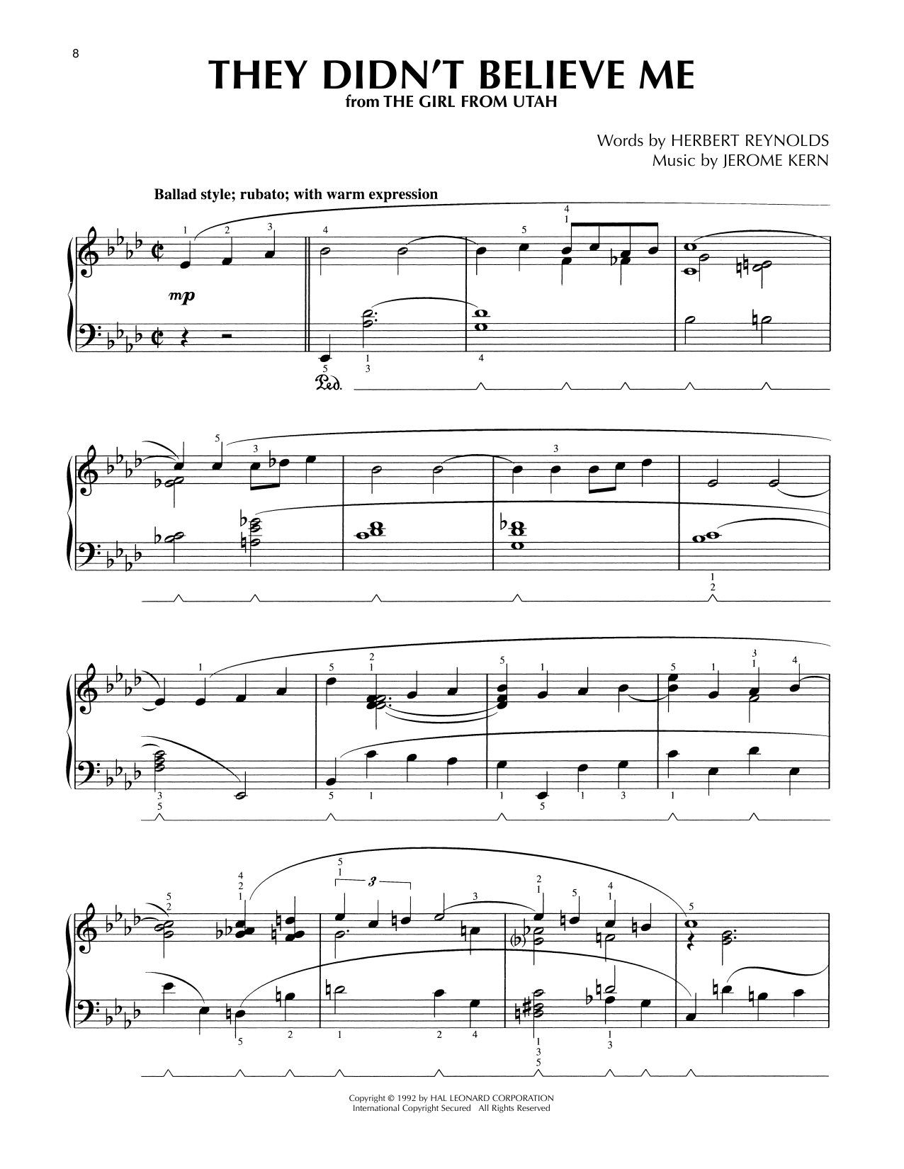Jerome Kern They Didn't Believe Me (from The Girl From Utah) (arr. Lee Evans) sheet music notes and chords arranged for Piano Solo