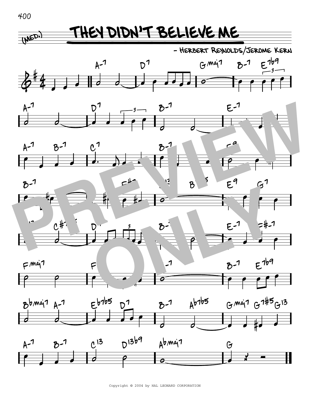 Jerome Kern They Didn't Believe Me [Reharmonized version] (arr. Jack Grassel) sheet music notes and chords arranged for Real Book – Melody & Chords