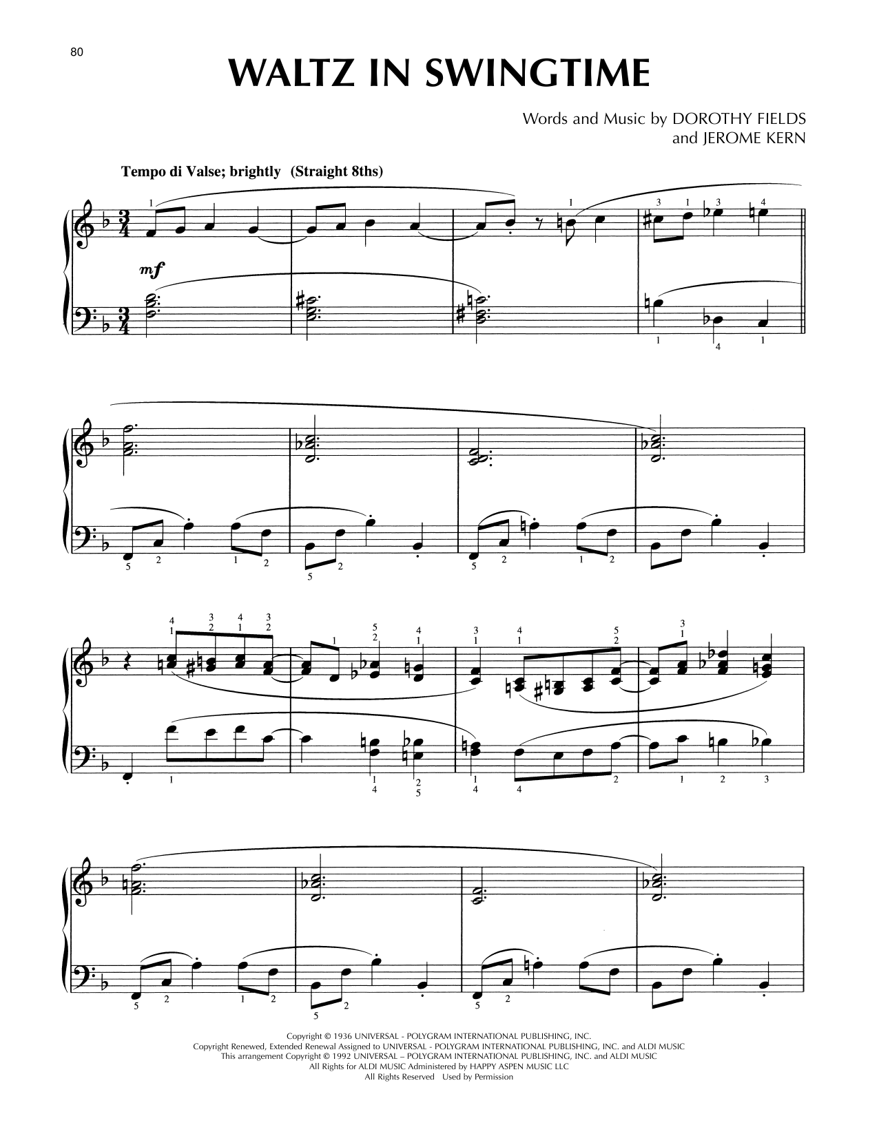 Jerome Kern Waltz In Swingtime (arr. Lee Evans) sheet music notes and chords arranged for Piano Solo