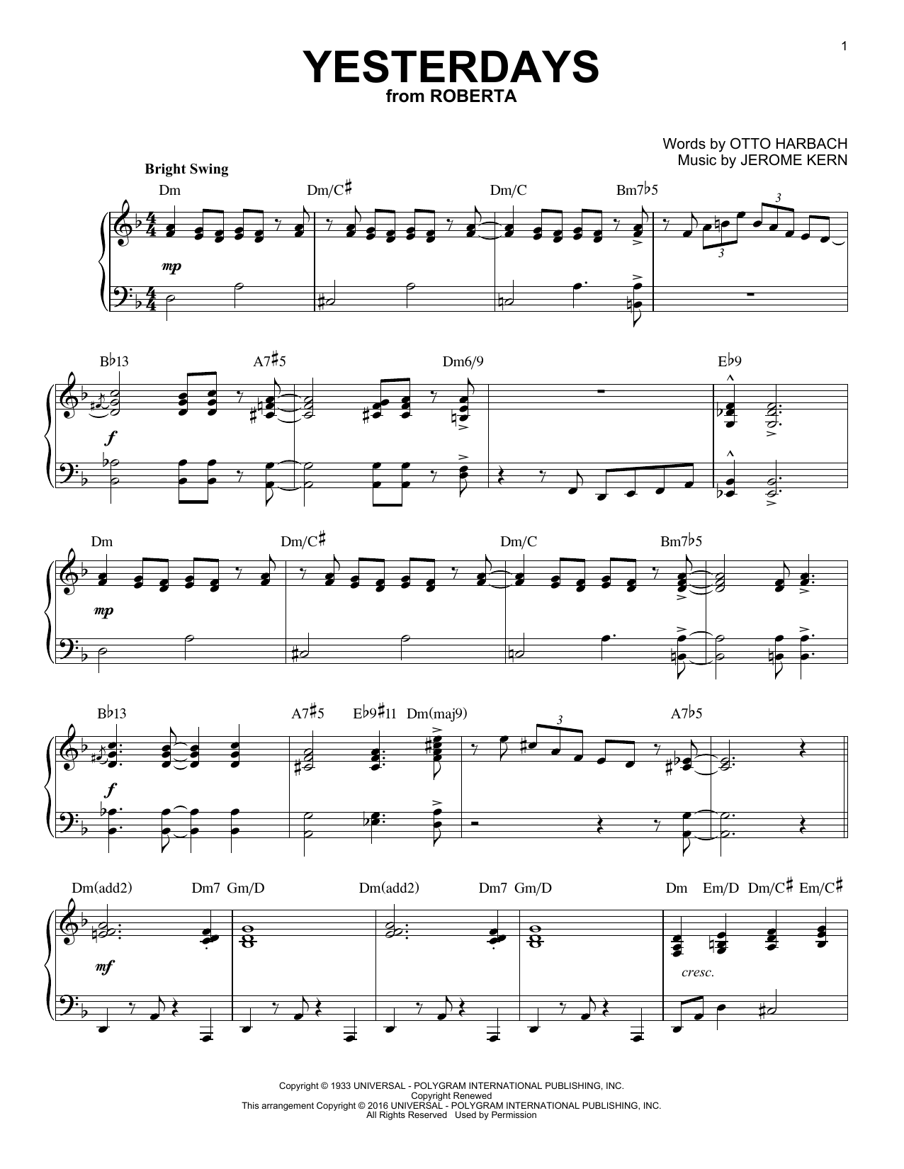 Jerome Kern Yesterdays (arr. Brent Edstrom) sheet music notes and chords arranged for Piano Solo
