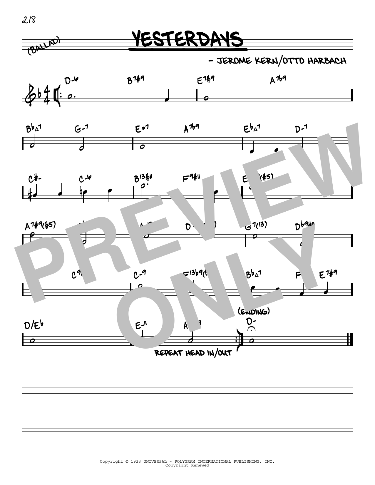 Jerome Kern Yesterdays (arr. David Hazeltine) sheet music notes and chords arranged for Real Book – Enhanced Chords