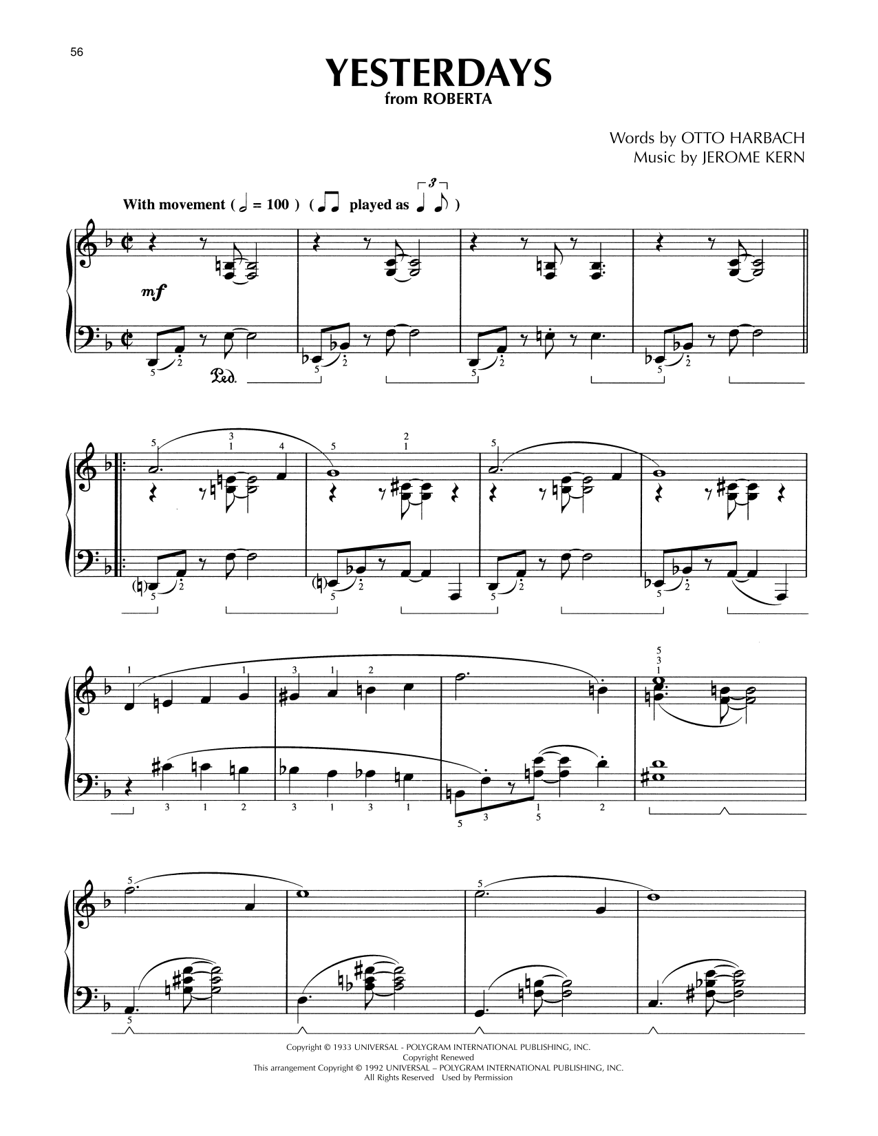 Jerome Kern Yesterdays (from Roberta) (arr. Lee Evans) sheet music notes and chords arranged for Piano Solo