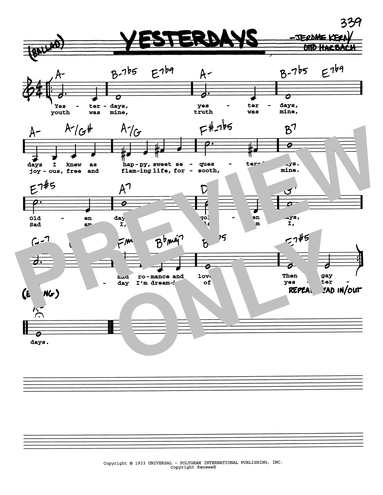 Jerome Kern Yesterdays (Low Voice) sheet music notes and chords arranged for Real Book – Melody, Lyrics & Chords