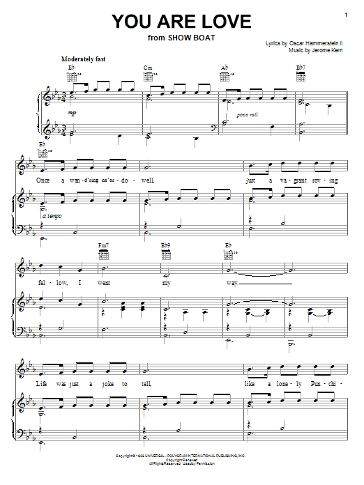 Jerome Kern You Are Love sheet music notes and chords arranged for Piano, Vocal & Guitar Chords (Right-Hand Melody)