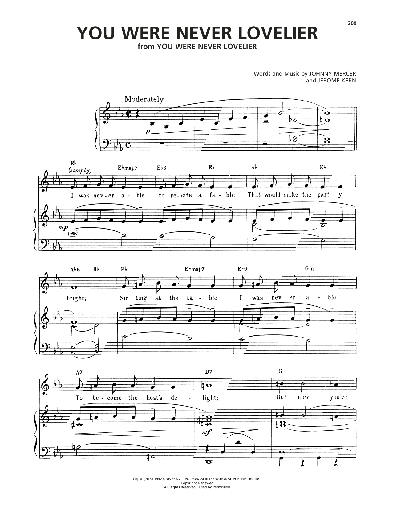 Jerome Kern You Were Never Lovelier sheet music notes and chords arranged for Piano, Vocal & Guitar Chords (Right-Hand Melody)