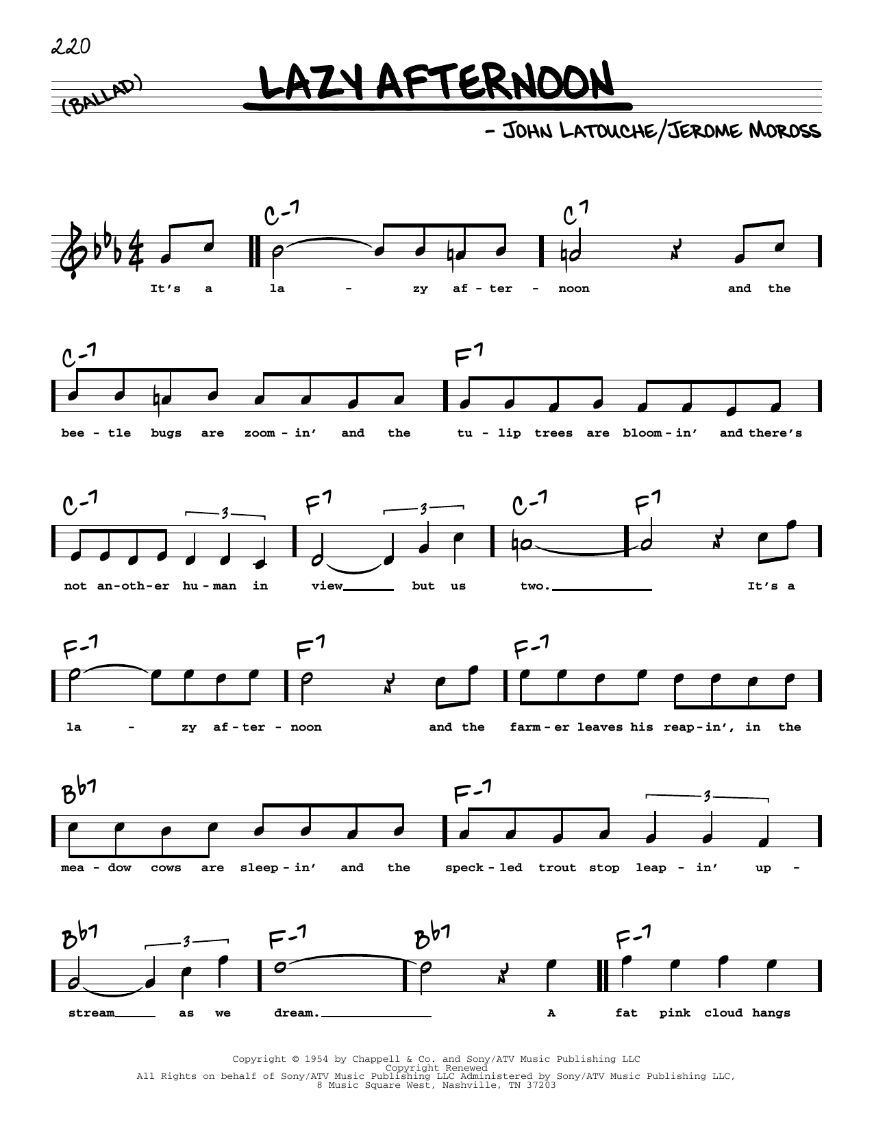 Jerome Moross Lazy Afternoon (High Voice) (from The Golden Apple) sheet music notes and chords arranged for Real Book – Melody, Lyrics & Chords