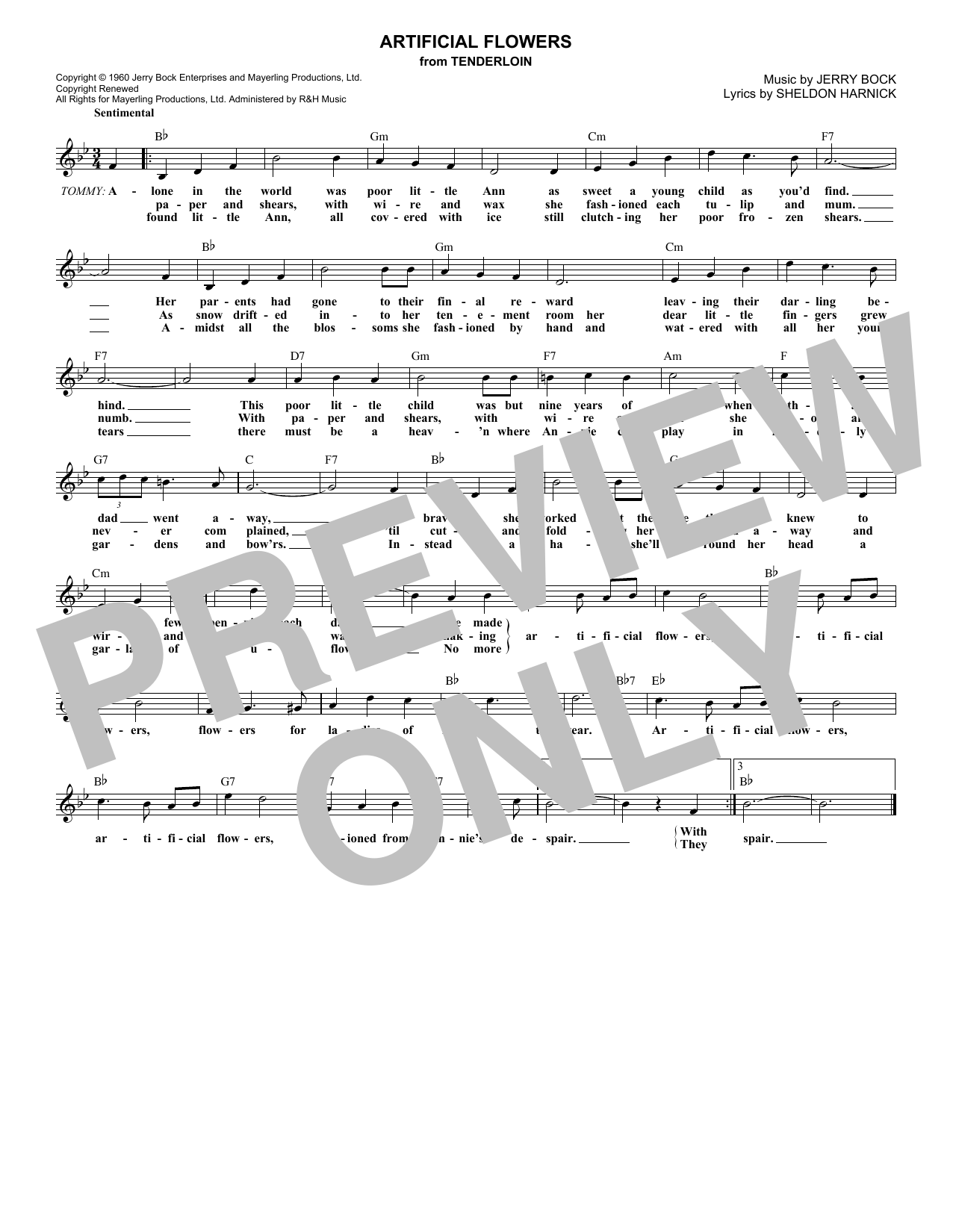 Jerry Bock Artificial Flowers (from Tenderloin) sheet music notes and chords arranged for Lead Sheet / Fake Book