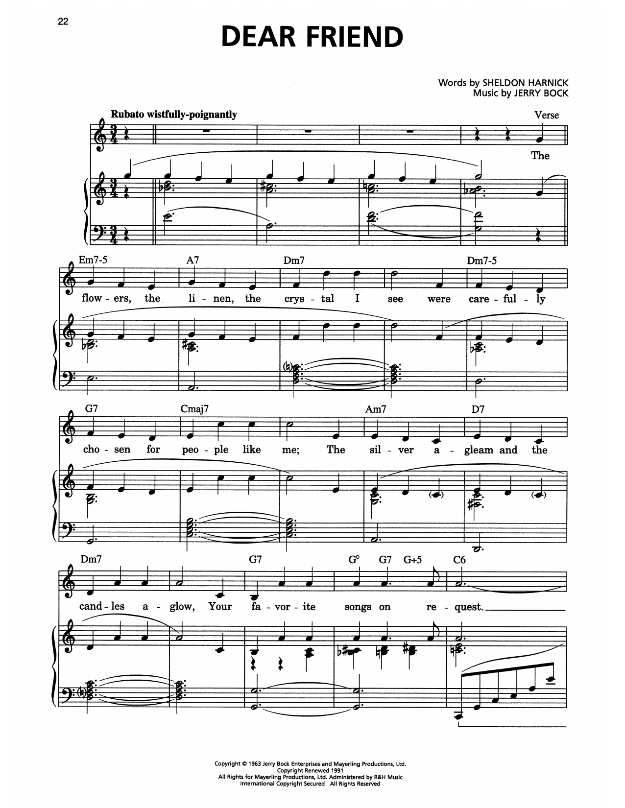 Jerry Bock Dear Friend (from She Loves Me) sheet music notes and chords arranged for Piano & Vocal