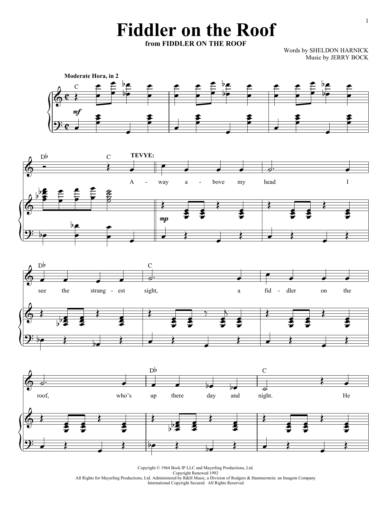 Jerry Bock Fiddler On The Roof sheet music notes and chords arranged for Piano & Vocal