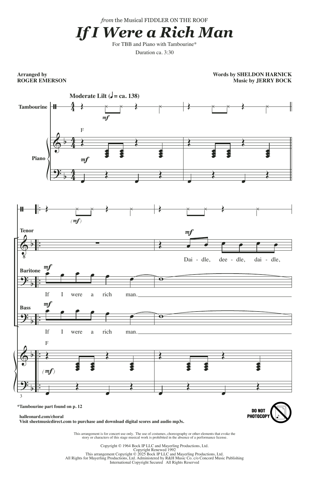 Jerry Bock If I Were A Rich Man (arr. Roger Emerson) sheet music notes and chords arranged for TBB Choir