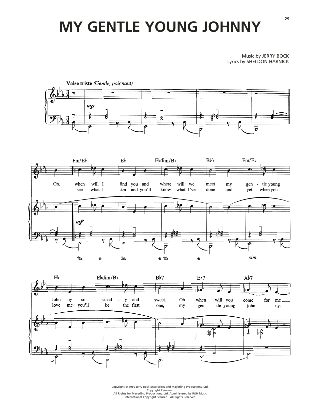 Jerry Bock My Gentle Young Johnny (from Tenderloin) sheet music notes and chords arranged for Piano, Vocal & Guitar Chords (Right-Hand Melody)