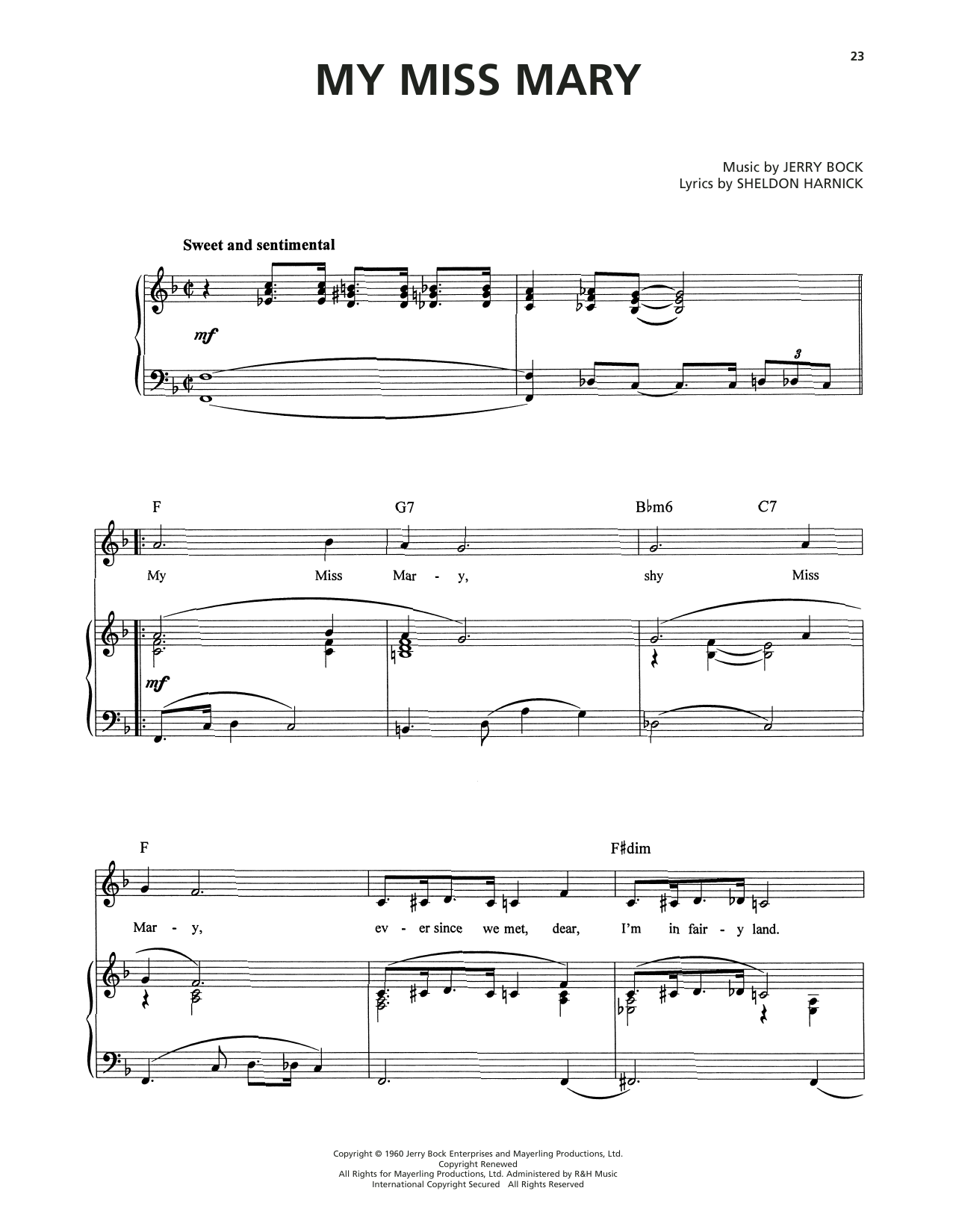 Jerry Bock My Miss Mary (from Tenderloin) sheet music notes and chords arranged for Piano, Vocal & Guitar Chords (Right-Hand Melody)