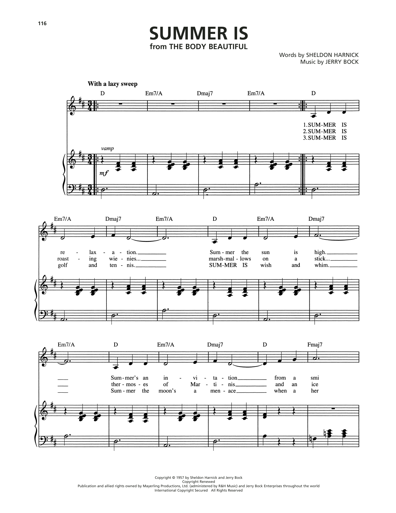 Jerry Bock Summer Is (from The Body Beautiful) sheet music notes and chords arranged for Piano, Vocal & Guitar Chords (Right-Hand Melody)