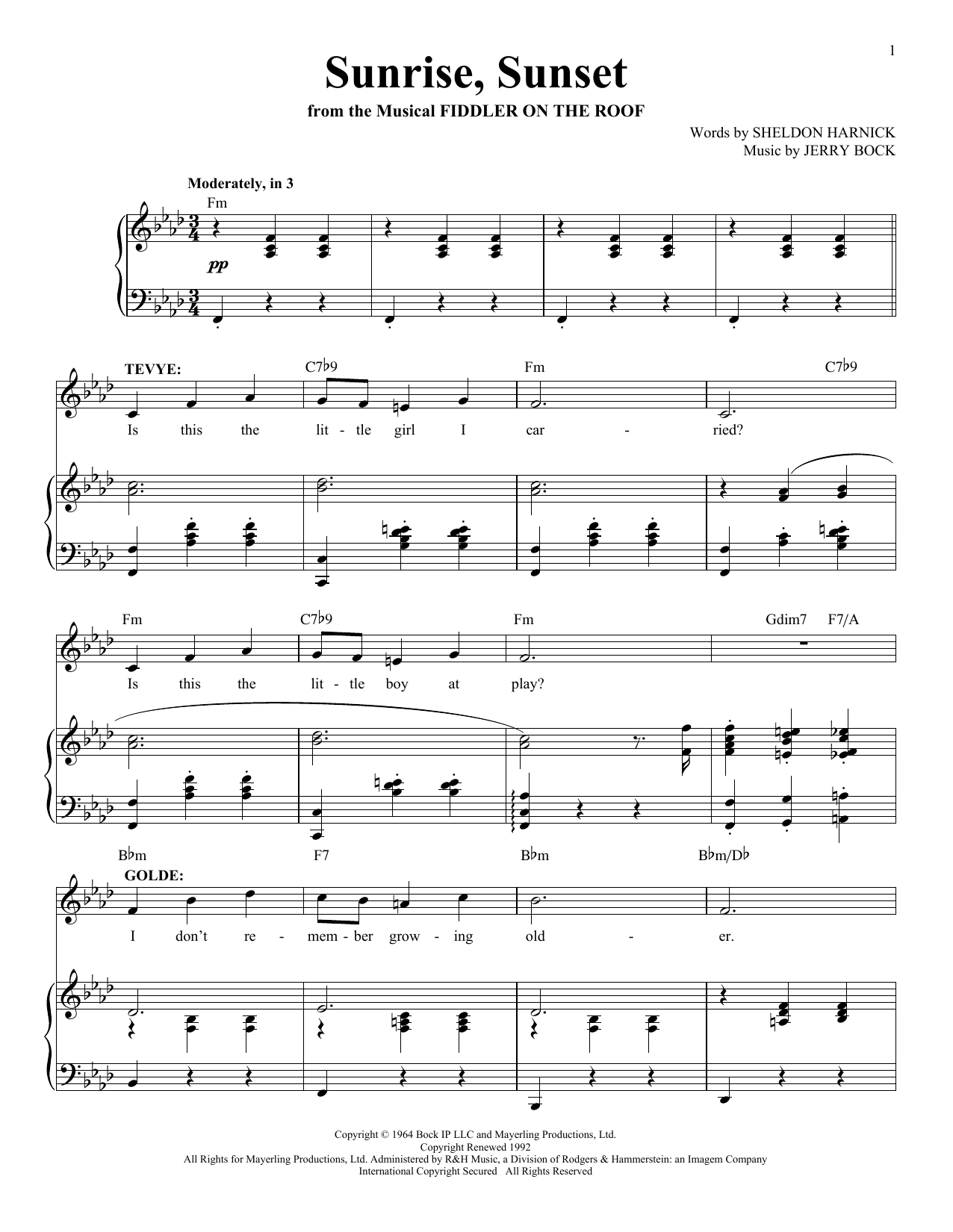 Jerry Bock Sunrise, Sunset sheet music notes and chords arranged for Super Easy Piano
