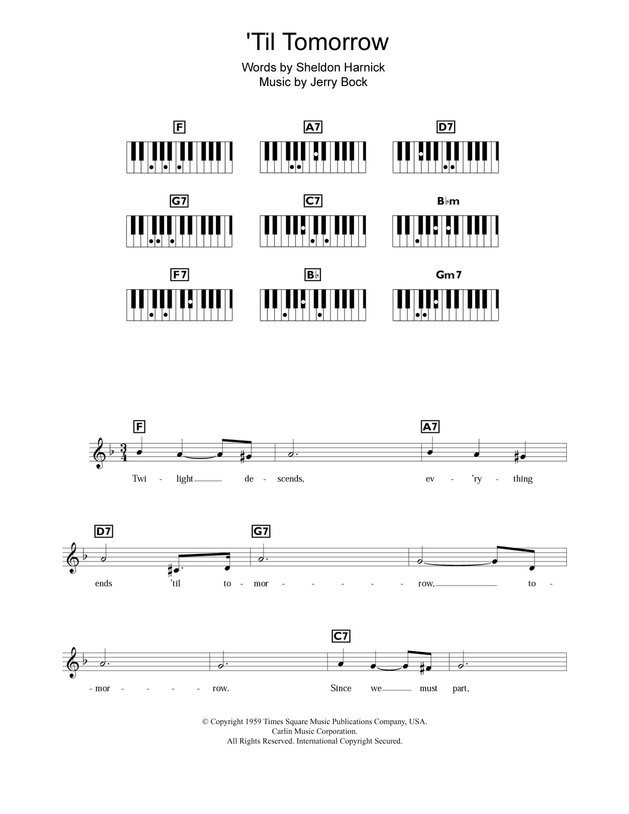 Jerry Bock 'Til Tomorrow (from Fiorello!) sheet music notes and chords arranged for Piano Chords/Lyrics