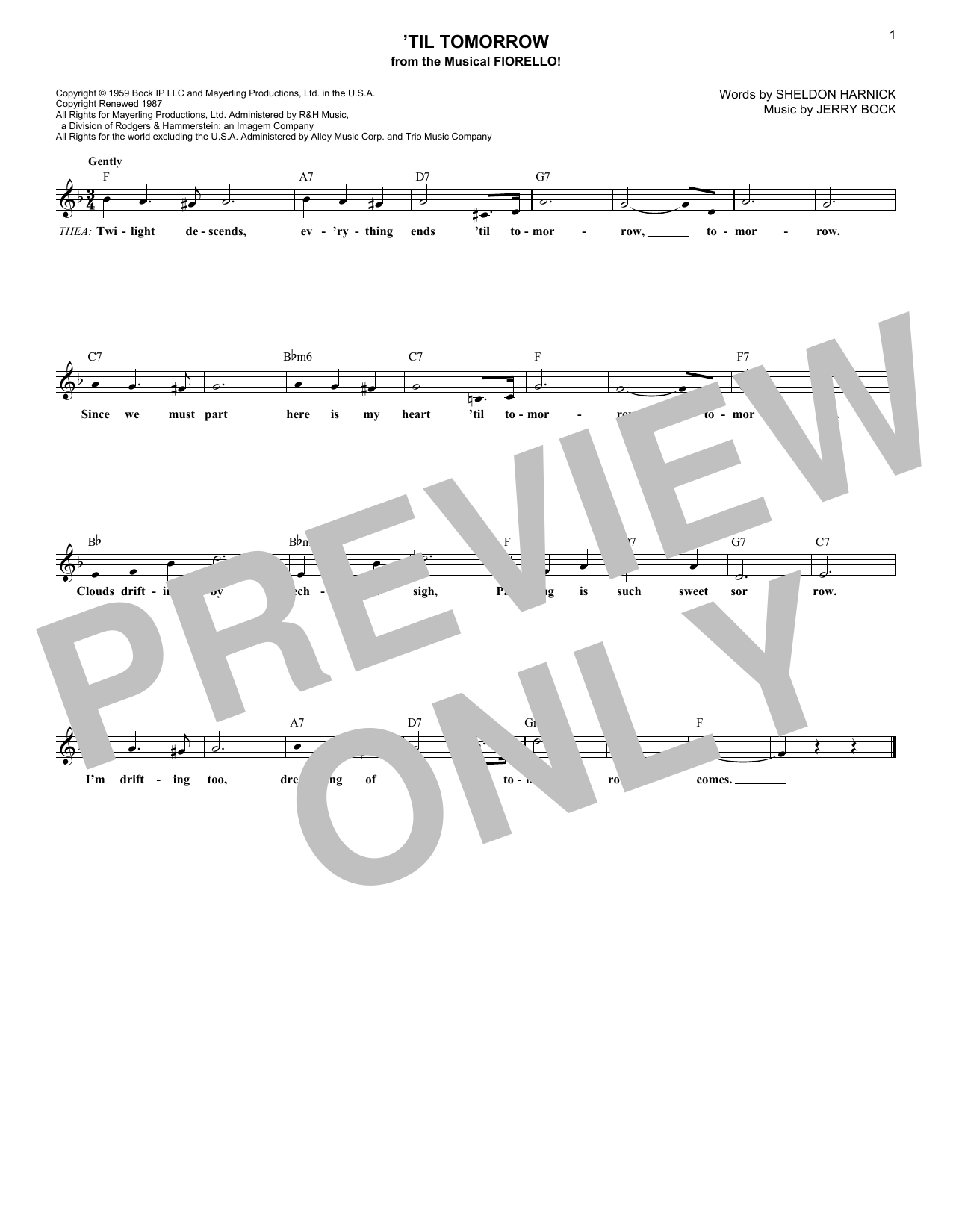 Jerry Bock 'Til Tomorrow sheet music notes and chords arranged for Lead Sheet / Fake Book
