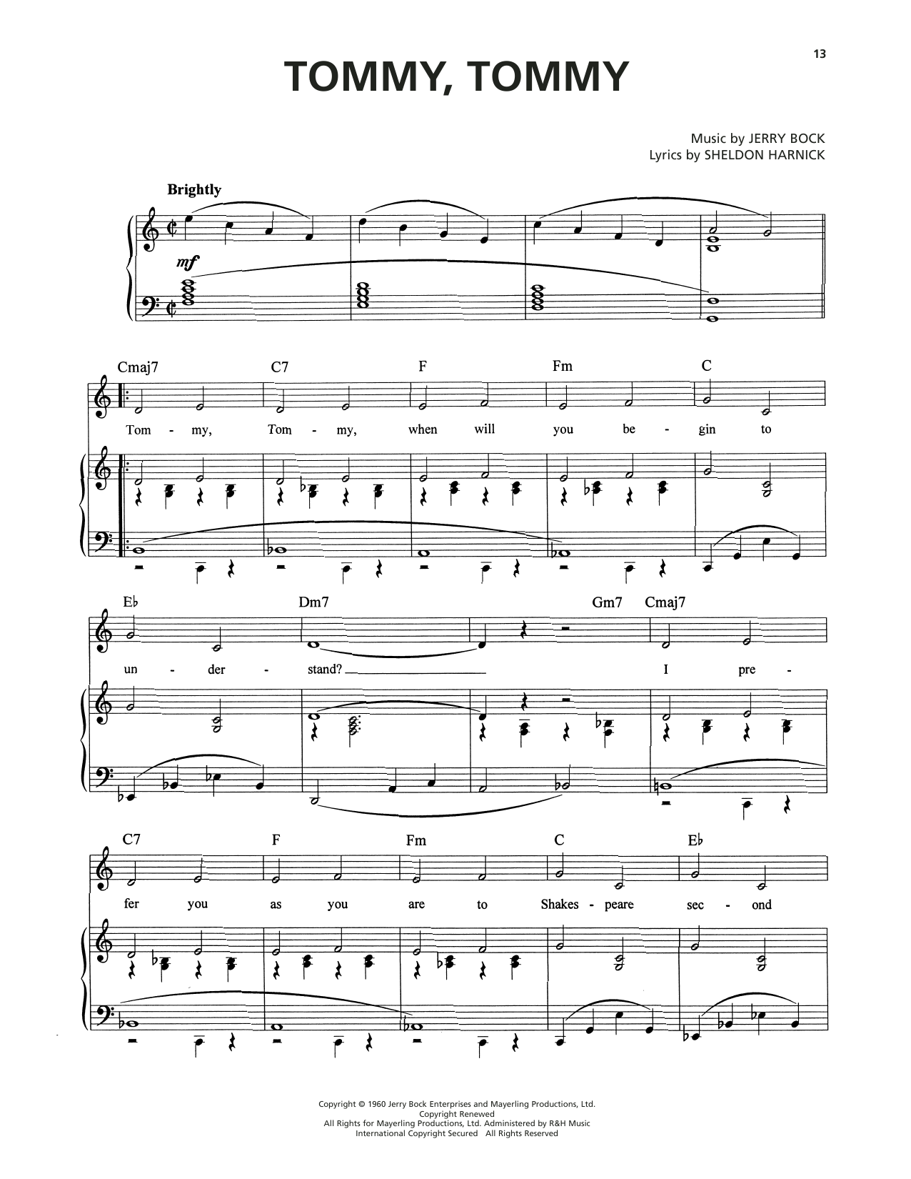 Jerry Bock Tommy, Tommy (from Tenderloin) sheet music notes and chords arranged for Piano, Vocal & Guitar Chords (Right-Hand Melody)