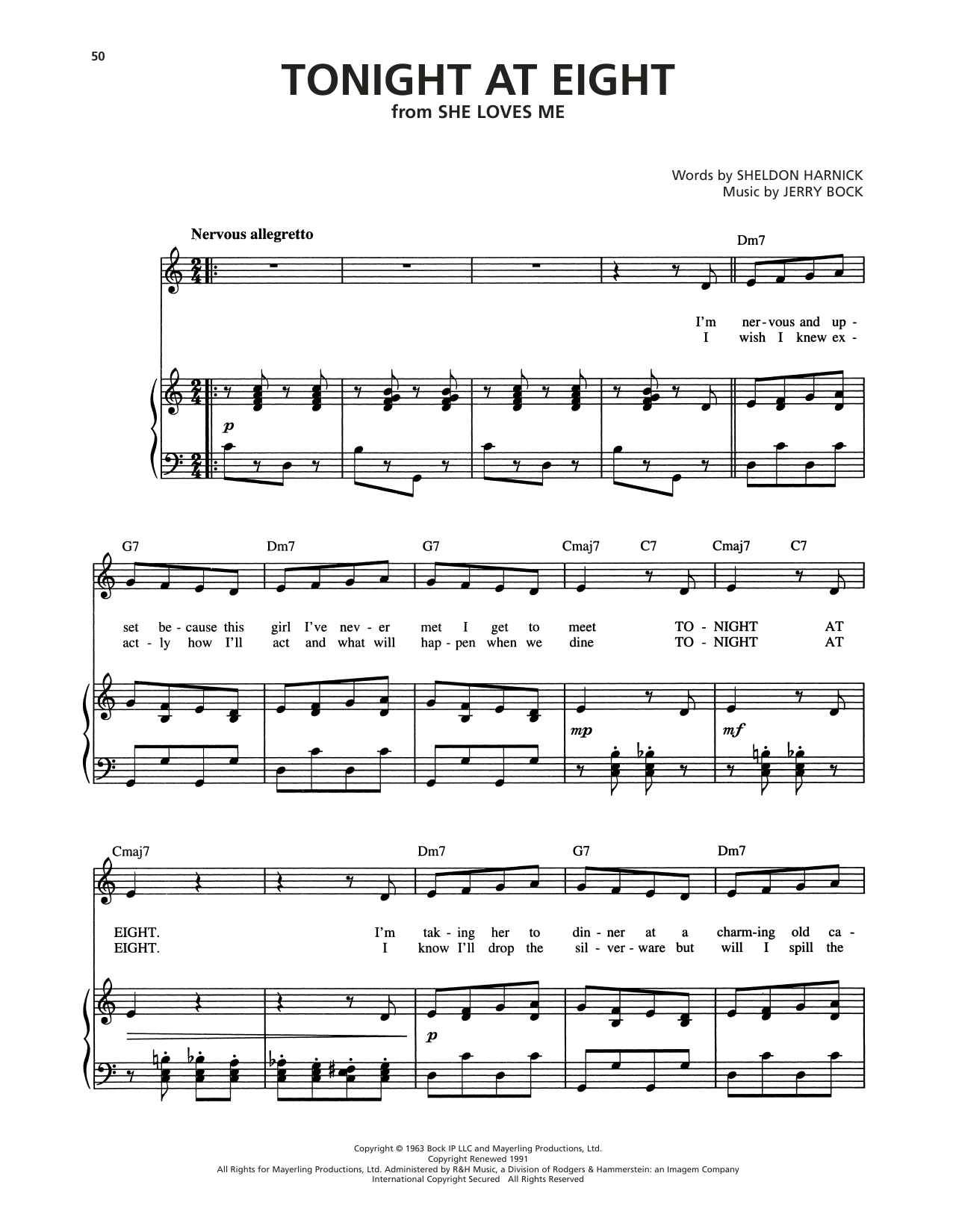 Jerry Bock Tonight At Eight (from She Loves Me) sheet music notes and chords arranged for Piano, Vocal & Guitar Chords (Right-Hand Melody)