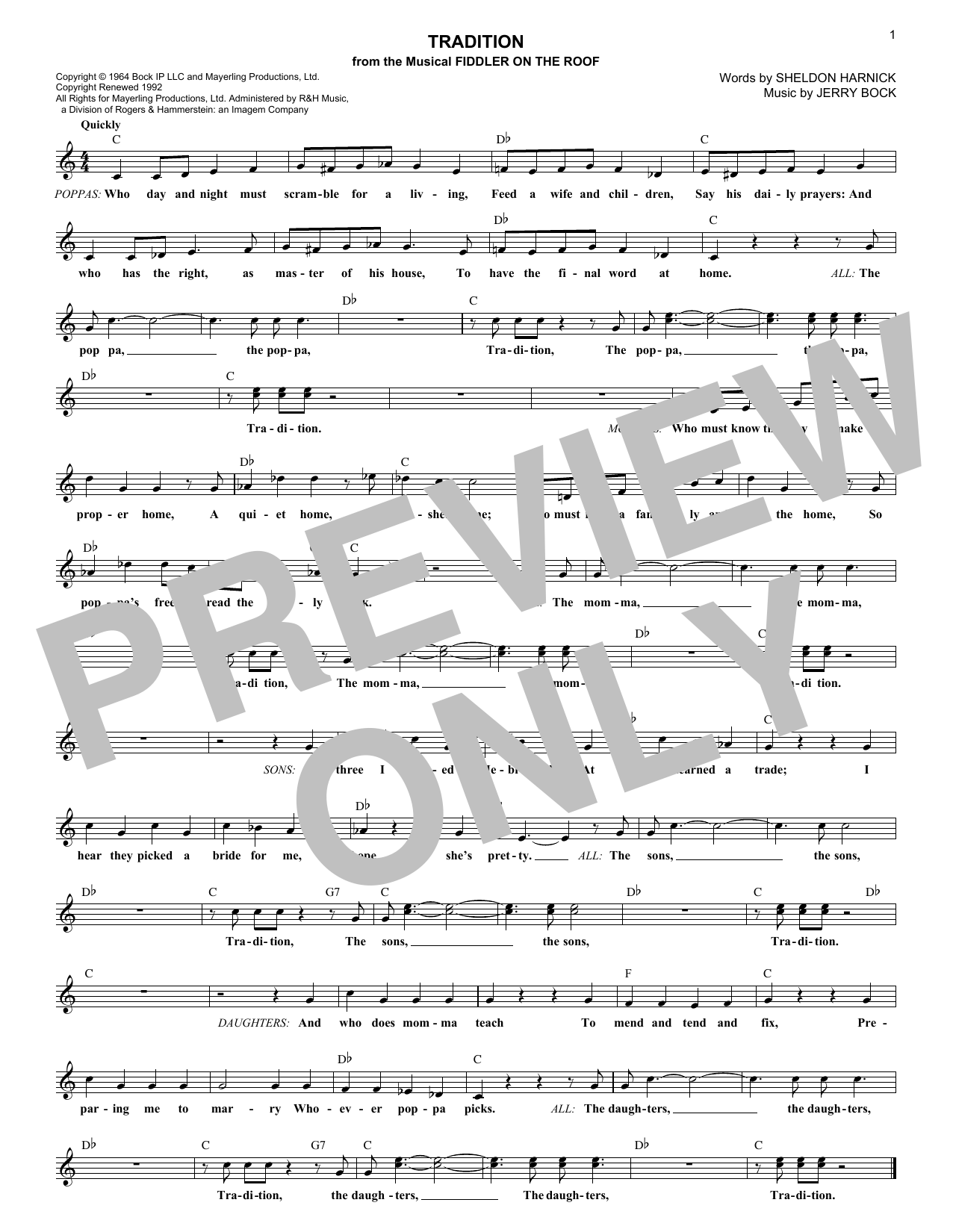 Jerry Bock Tradition sheet music notes and chords arranged for Lead Sheet / Fake Book